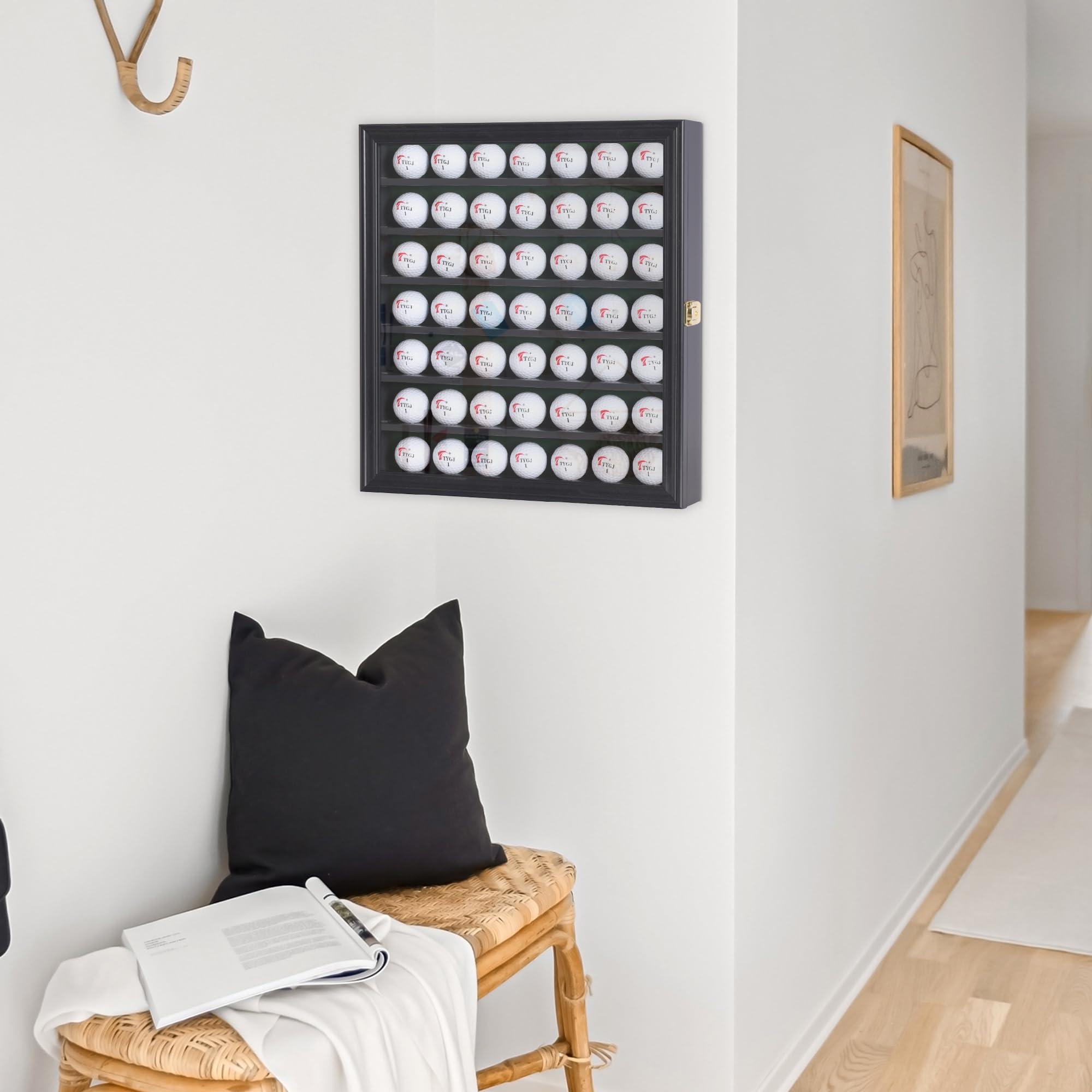 DisplayGifts DisplayGifts 49 Golf Ball Display Cabinet Stand Storage Wall Mounted 7 Shelves Display Case Shadow Box with Lockable Glass Door, Great Gift (49 Ball Holder, Black Finish)