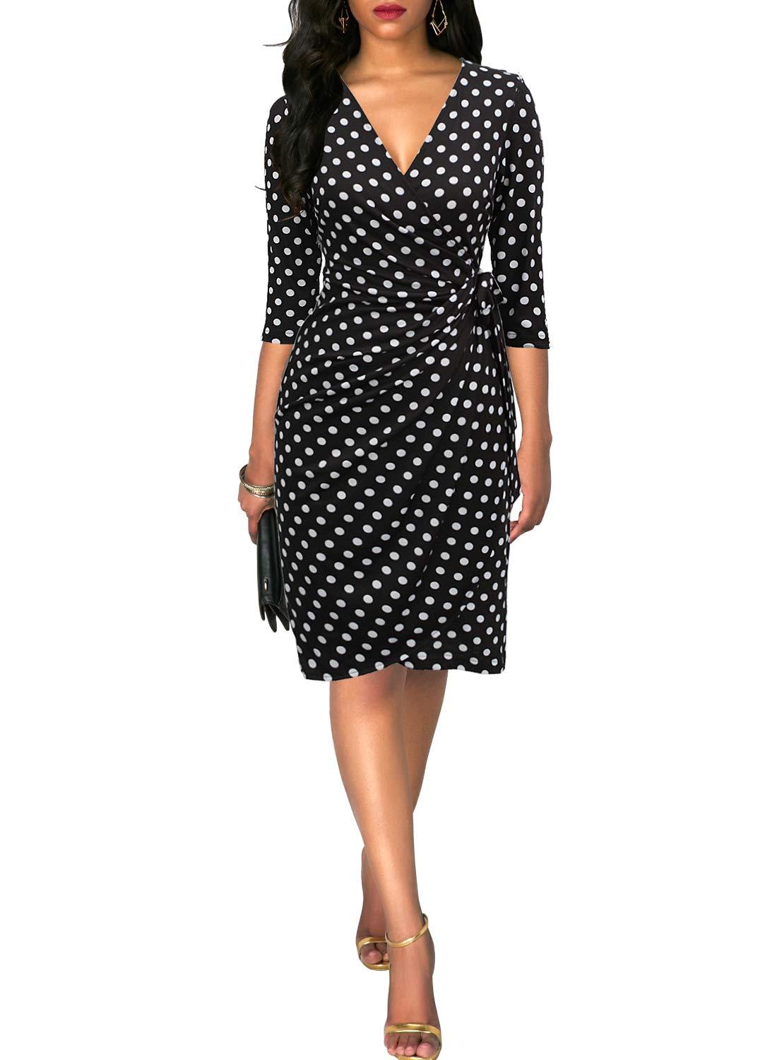Berydress Berydress Women's Classic 3/4 Sleeve V Neck Sheath Casual Party Work Faux Black Wrap Dress (M, 6083-Black Dot)