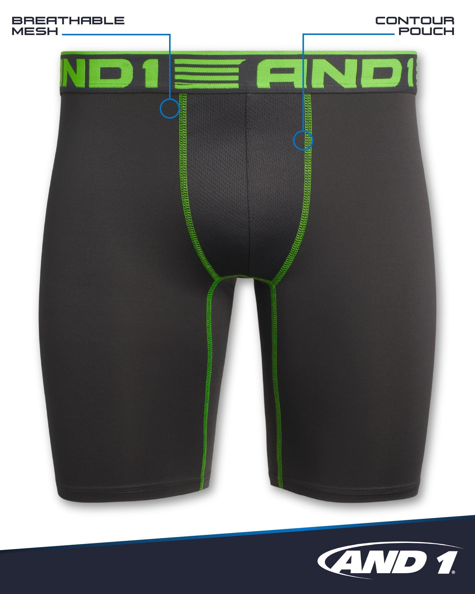 AND1 AND1 Mens Boxer Briefs - 6 Pack Stretch Long Leg Compression Underwear with Mesh Contour Pouch - Supportive Fit for Everyday Wear, Medium, Blue/Grey/Black