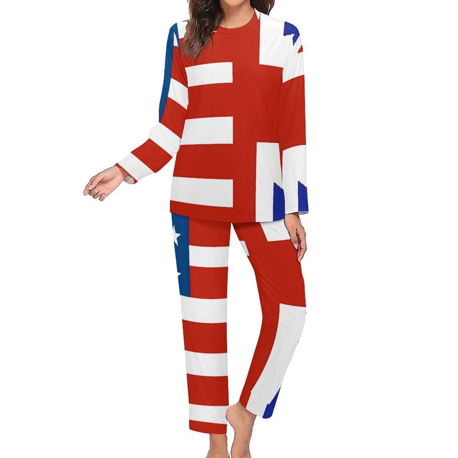 Generic U.S. And Union Jack Flag Women\'s Pajamas Two Pieces Set Long Sleeve Tops And Lounge Pants Soft Sleepwear