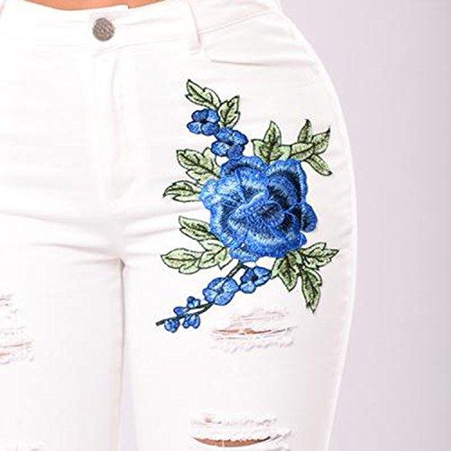 JJ-GOGO White Embroidered Jeans - Women High Waisted Ripped Skinny Jeans Denim Distressed Jeans