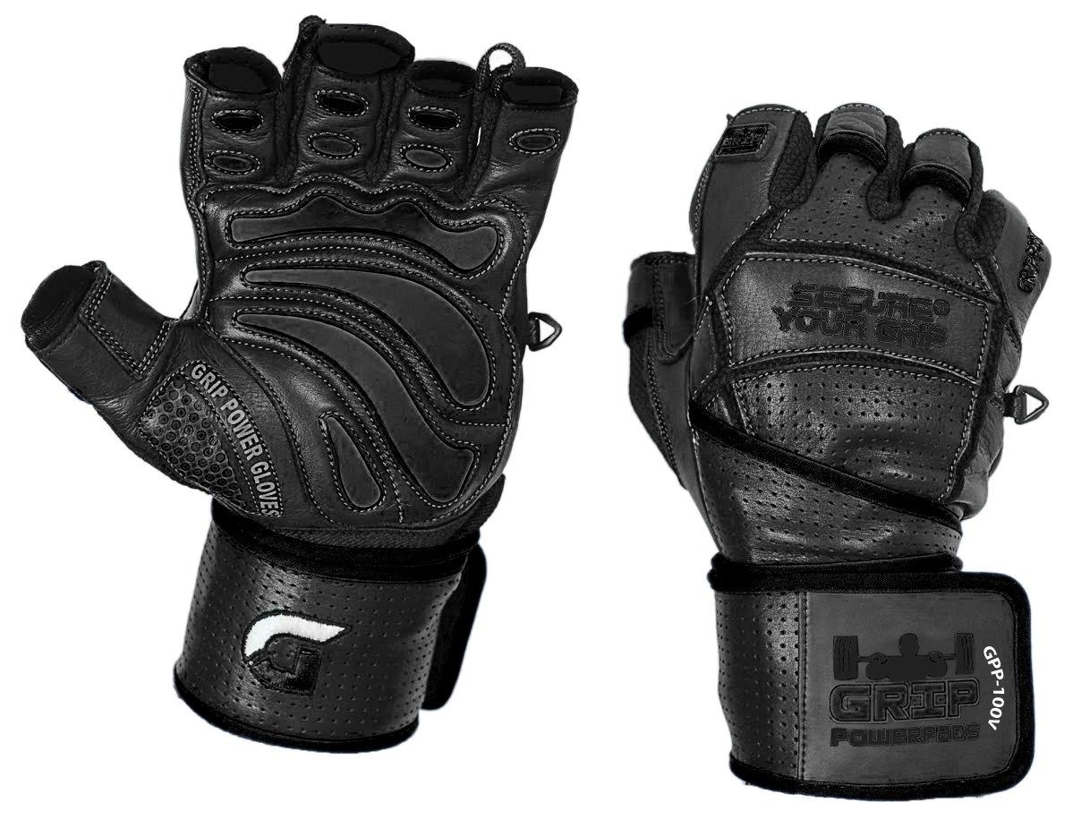 Grip Power Pads Elite Leather Gym Gloves with Built in 2" Wide Wrist Wraps Best Leather Glove Design for Weight Power Lifting Bodybuilding & Strength Training Workout Exercises (Black, Large)