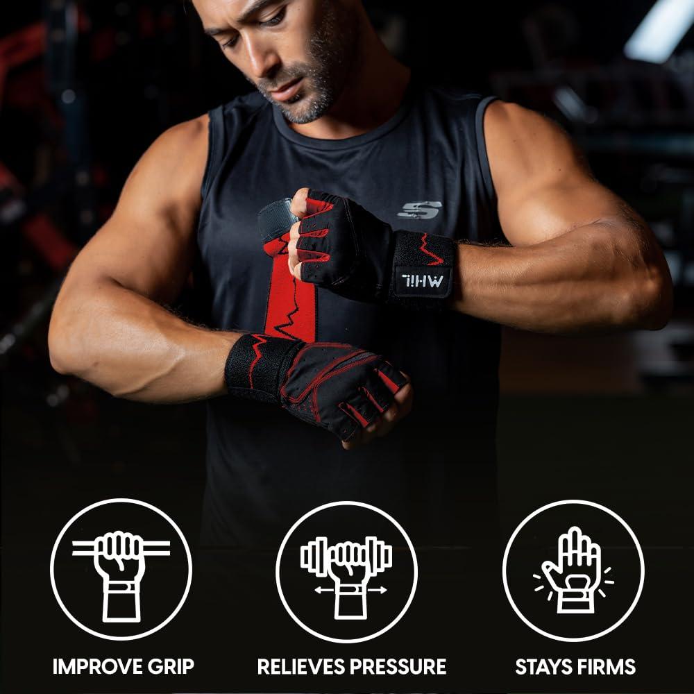 MhIL MhIL Workout Gloves for Men Comfortable Gym Gloves for Men with Enhanced Grip for Safety and Hand Protection Weight Lifting Gloves for Men with Wrist Wraps Support for Performance Boost and Style