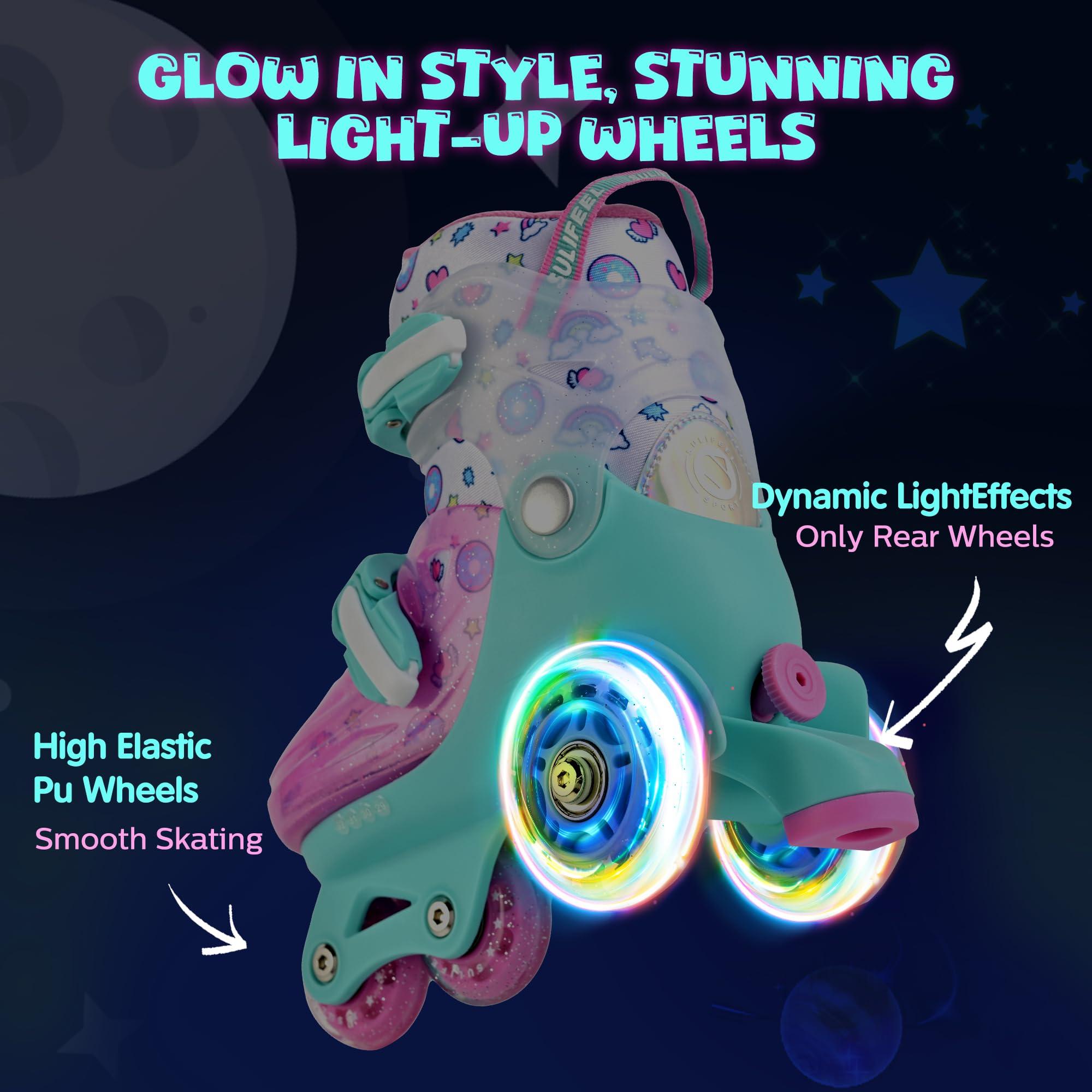 SULIFEEL SULIFEEL Adjustable Roller Skates for Girls Boys Kids,Fun Illuminating Light Up Flash Wheels Three-Point Type Balance Suitable for Beginners Indoor Roller Skating Green & Pink Size X-Small