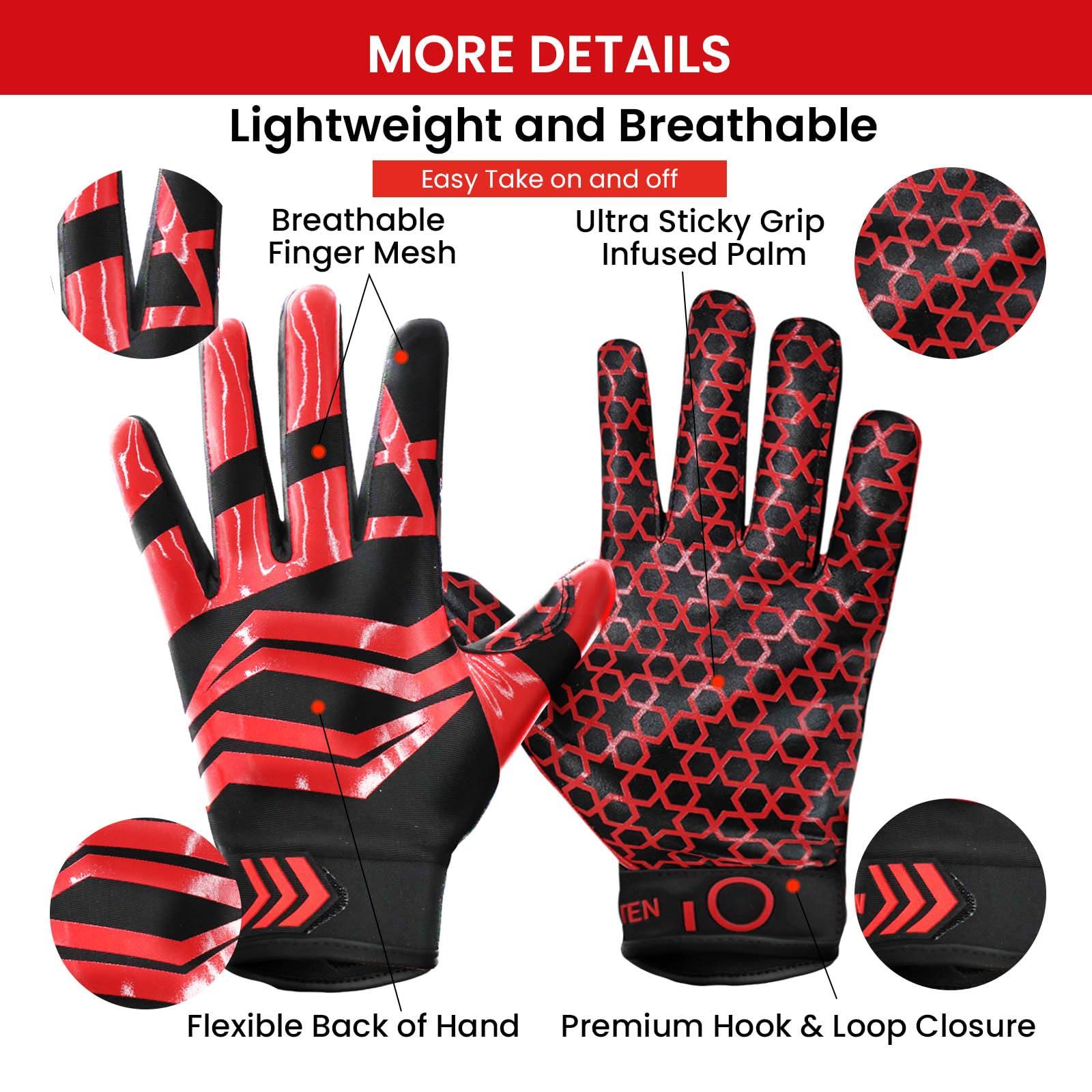 FINGER TEN FINGER TEN Football Receiver Gloves Youth Receiving Gloves Pro 3.0 Durable Breathable Flexible for Kids Boys Girls in White Red Black Blue Small Large Medium X-Large (B-Red, X-Large)