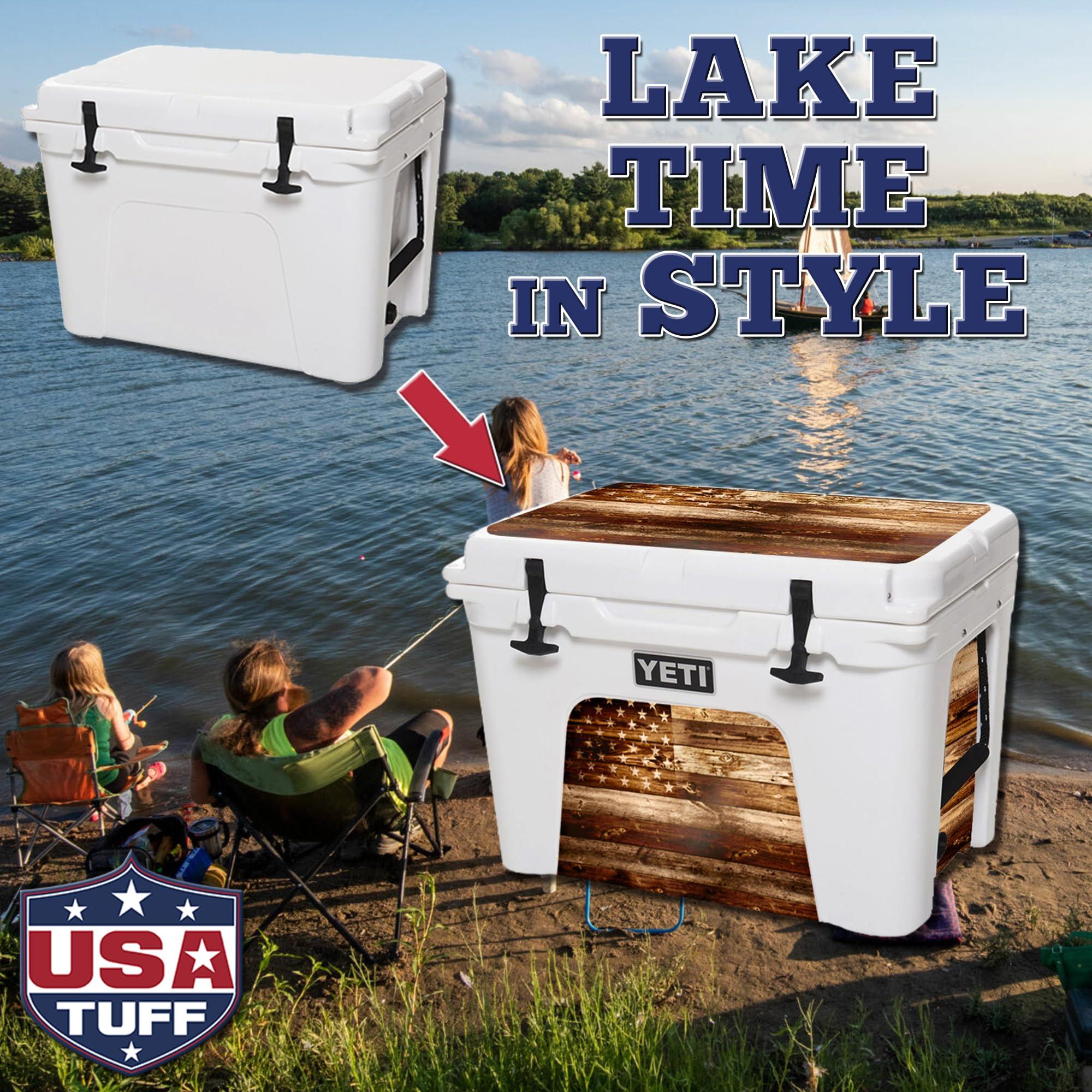 USATuff USATuff Vinyl Cooler Lid & Insert Kit Compatible with YETI 35 qt Tundra | Easy Peel & Stick Application Cooler Skin Decal Wrap | Durable Pre-Cut Pieces | Made for Outdoor Use - USA Flag Woodgrain