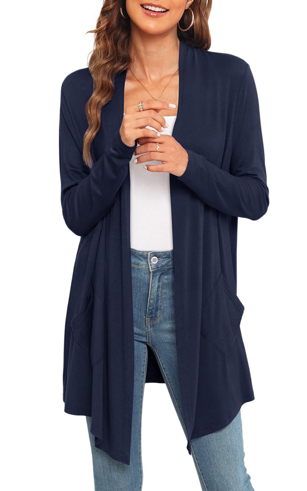 Veryoung Long Navy Blue Cardigan for Women with Pockets Lightweight Summer Cardigan Shrug Long Sleeve Open Front Top Dressy Casual Business Work Thin Sweater,S
