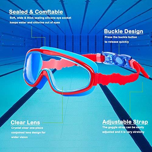 KAILIMENG KAILIMENG Kids Swim Goggles, Clear Wide View No-Leak Anti-Fog UV Protection Swimming Glasses with Nose Clip Earplugs for Toddlers Youth Child 3-15 Years Old (Red Blue)