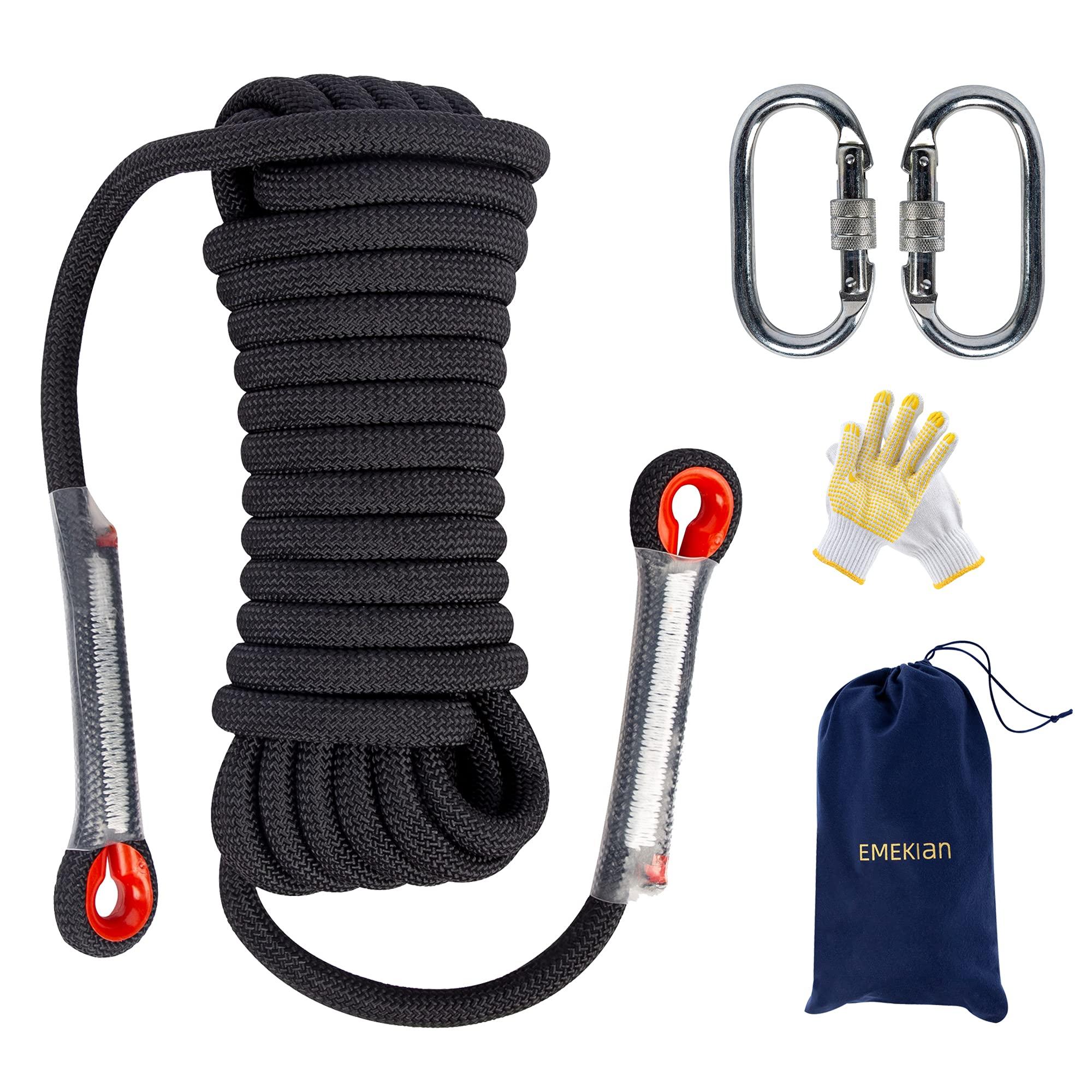 EMEKIAN EMEKIAN 12 mm Black Indoor Outdoor Climbing Rope, 10 M (32 ft) Static Rock Climbing Rope for Escape Rope, Ice Climbing Equipment, Fire Safety Rescue Rope, with Non Slip Gloves