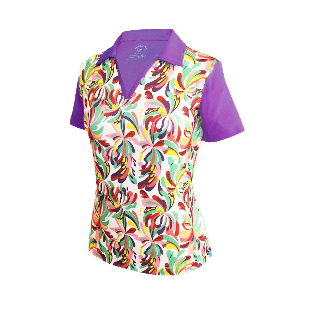 Monterey Club Monterey Club Women's Fountain Floral Print Block Polo Shirt #2346 (White/Royal Lilac, 2X-Large)