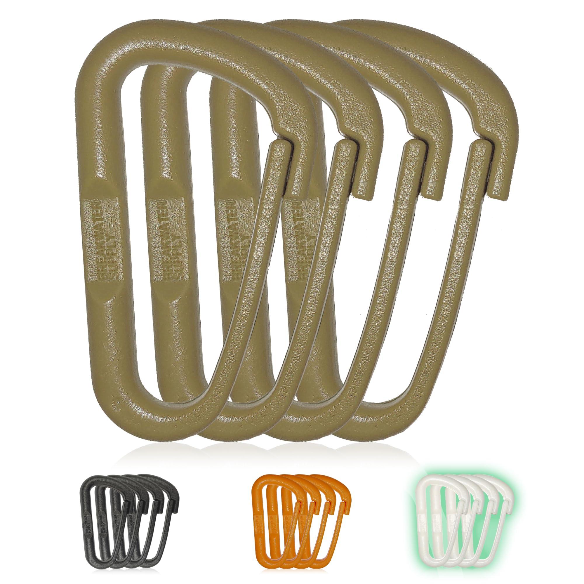 Breakwater Supply Breakwater Supply Hingeless Carabiner Hooks 4 Pack, Small 2-inch Gear Attachment Clips for Backpack, Keys, Keychain, Water Bottle, MOLLE, Ultralight, Tactical, D-Ring, Non-Corrosive, D-Shape (Tan)