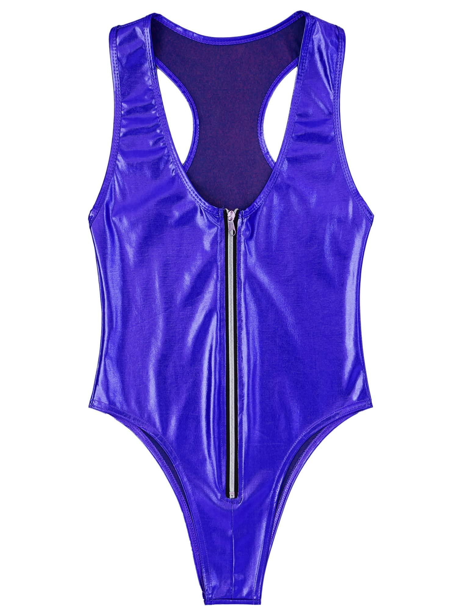 easyforever easyforever Women's Shiny Metallic One Piece Swimsuit Front Zipper Swimwear High Cut Thong Leotard Bodysuit Royal Blue One Size