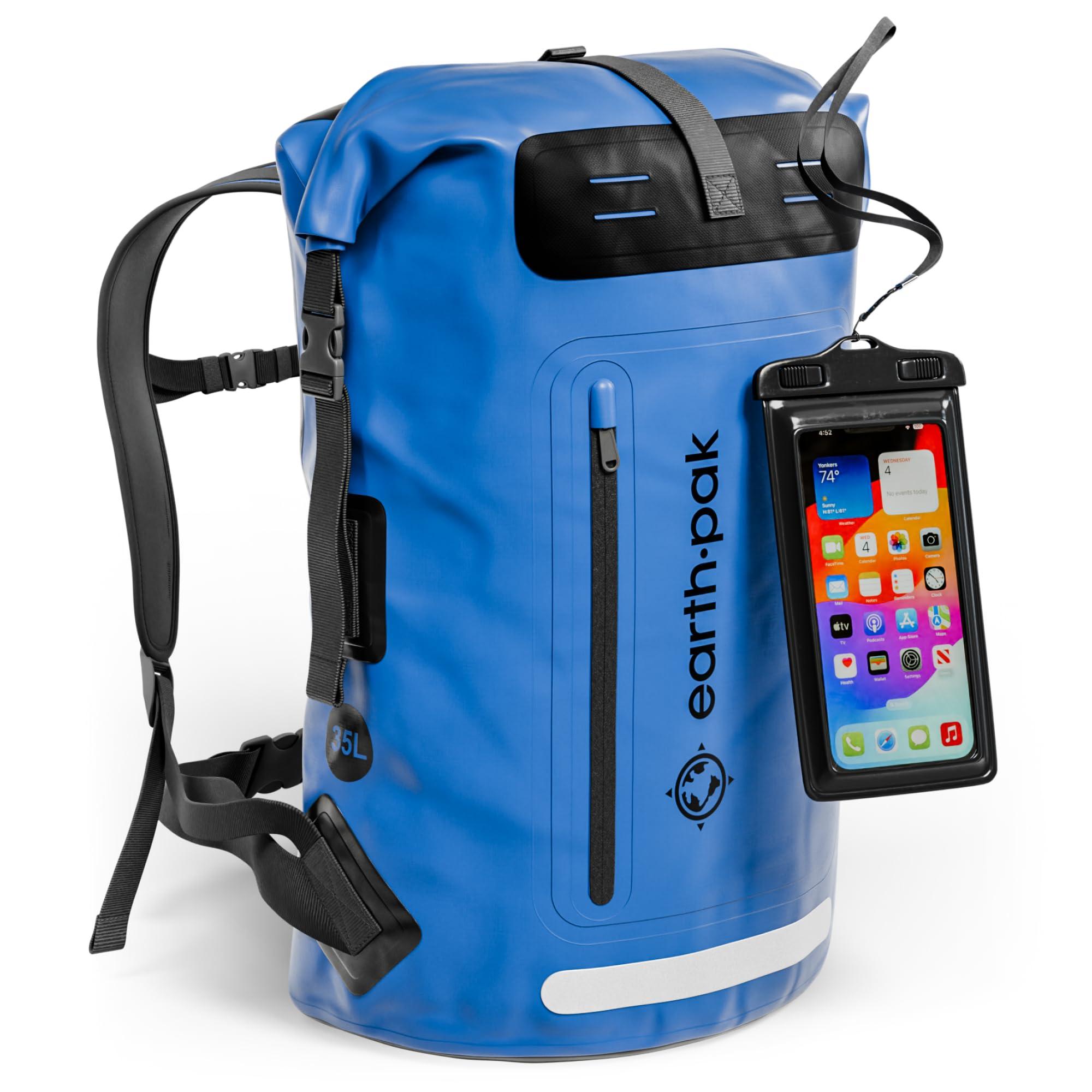 Earth Pak Earth Pak Waterproof Backpack - Heavy Duty Hiking Backpack - Roll-Top Closure - Waterproof Bag - Cushioned Dry Bags Waterproof w/ IPX8 Waterproof Phone Case - Wet Bag for Hiking, Kayak (Blue, 35L)