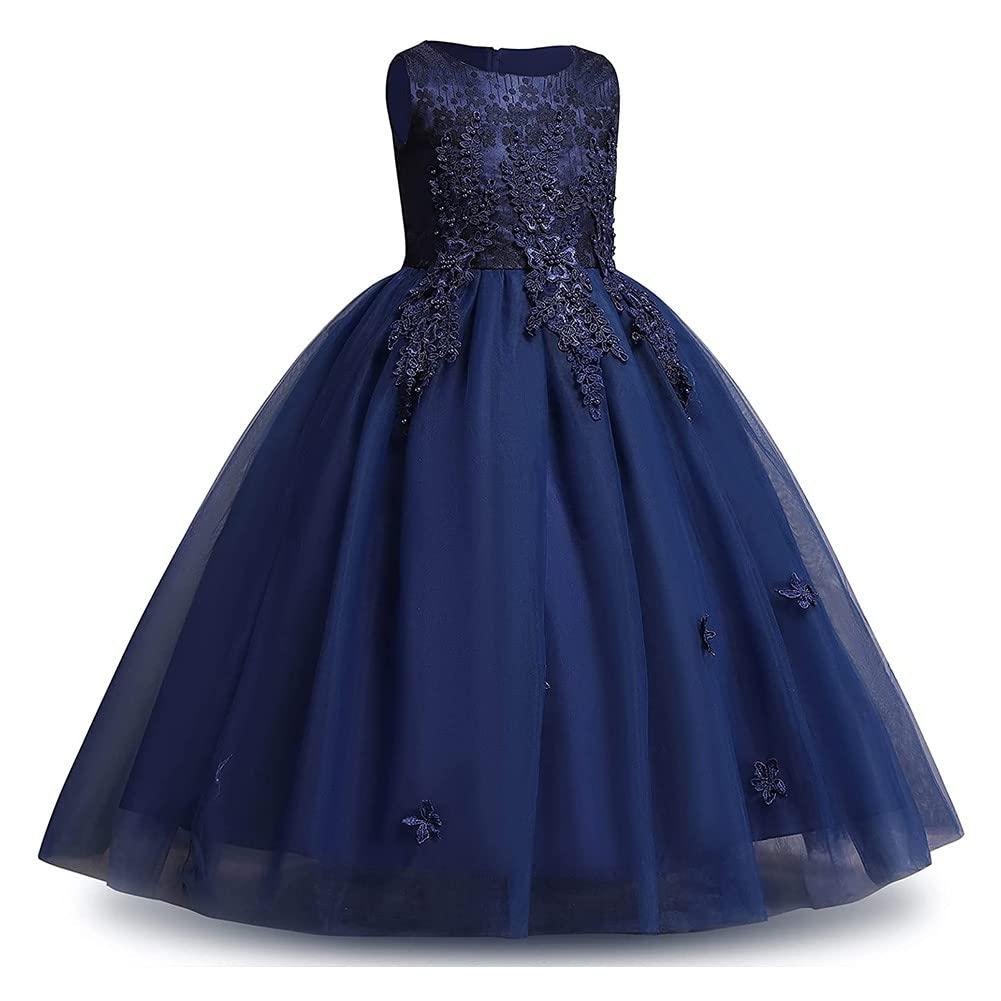 MYRISAM MYRISAM Girls Embroidered Lace Flower Dress Sleeveless Wedding Party Prom Princess Birthday Pageant Evening Long Tulle Gown Navy Blue 12-13T