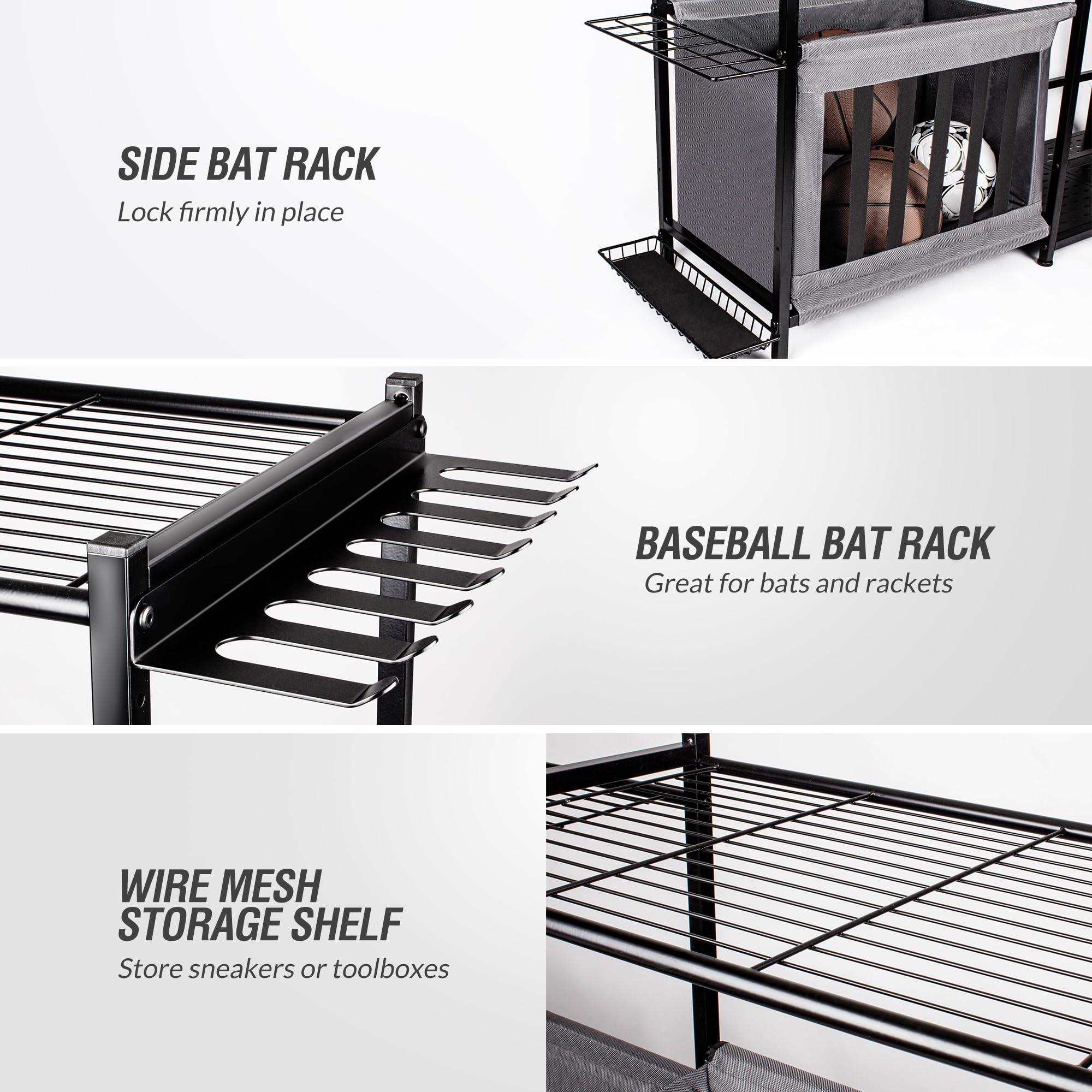 Sttoraboks Sttoraboks Garage Sports Equipment Organizer, Large Sports Storage Rack Fits 2 Golf Bags and Other Sports Equipment, Sports Ball Gear Storage Stand with Oxford Baskets and Hooks for Indoor, , Black