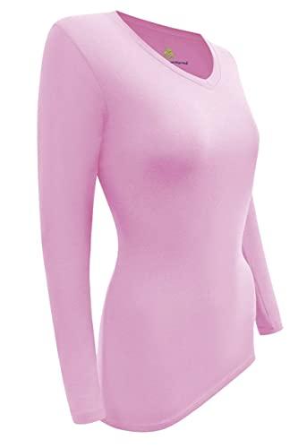 ACTIVE UNIFORMS Women's Under Scrubs Long Sleeve T-Shirt Comfort V-Neck Medical Underscrub Tee -Super Soft and Stretchy (Pink, Large)