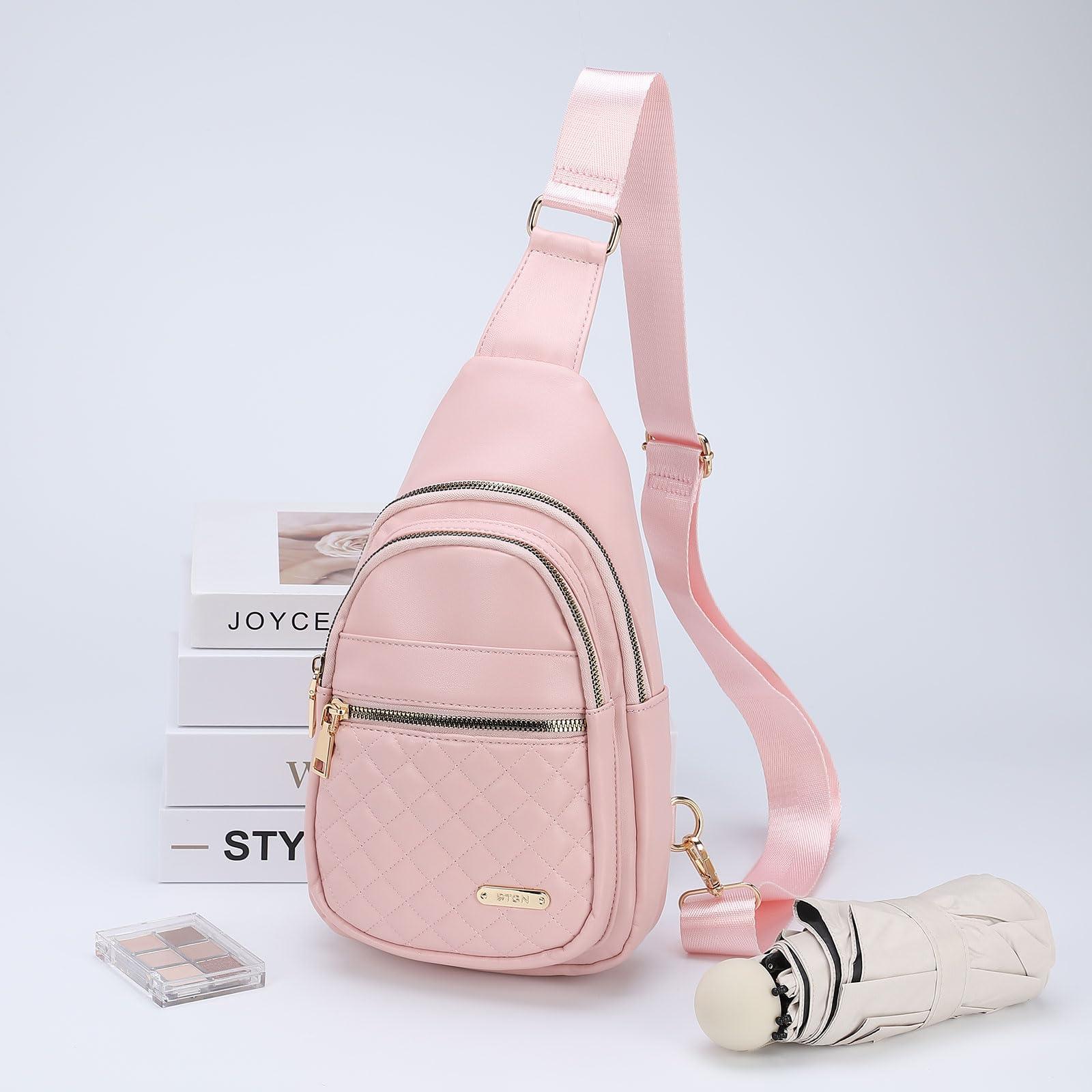 DTGN DTGN PU Leather Small Sling Bag Mini Crossbody Backpack Daypack - 7.9" Good for Hiking Travel Running Cycling Sports - Pink