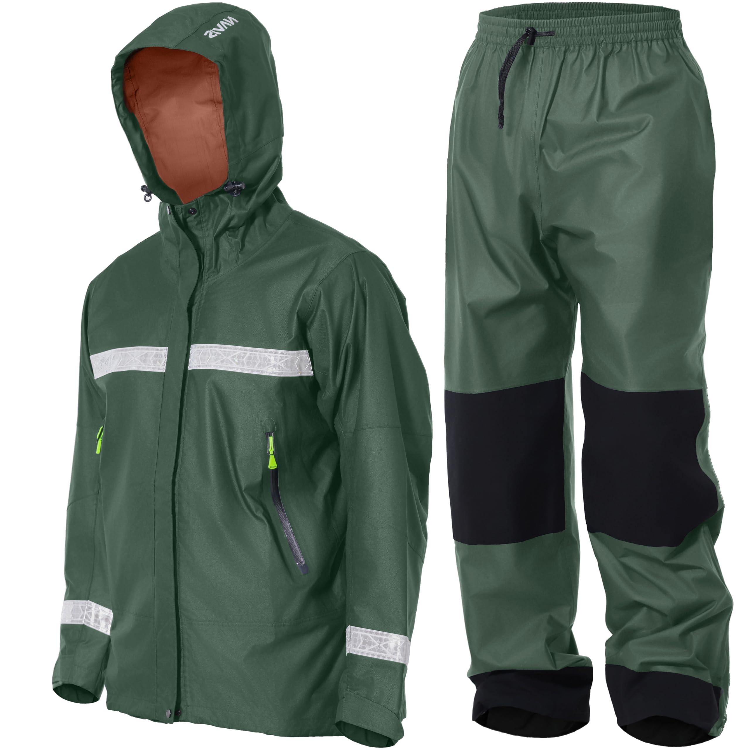 NAVIS MARINE NAVIS MARINE Rain Suit-Waterproof Jacket&Elastic Pants Combo,Lightweight Reflective Foul Weather Gear for Hiking and Fishing(Dark Green X-Large)