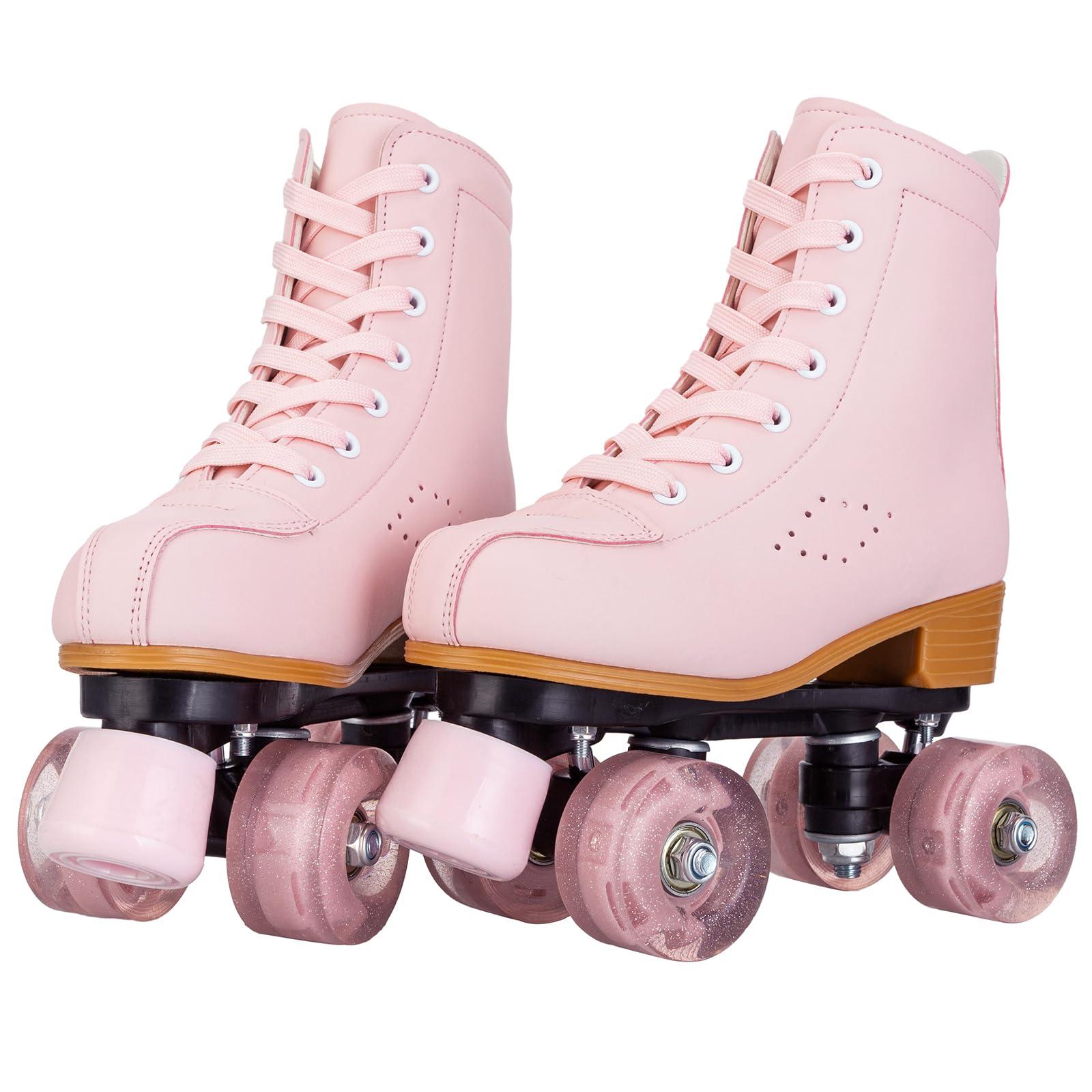 YYW YYW Roller Skates for Girls and Women, Fantastic Pink Purple PU Leather Light Up Kids Youth Roller Skates, Indoor Outdoor Roller Skates Girls Ages 8-12 (37-US Women 7/ Youth 6,Pink)