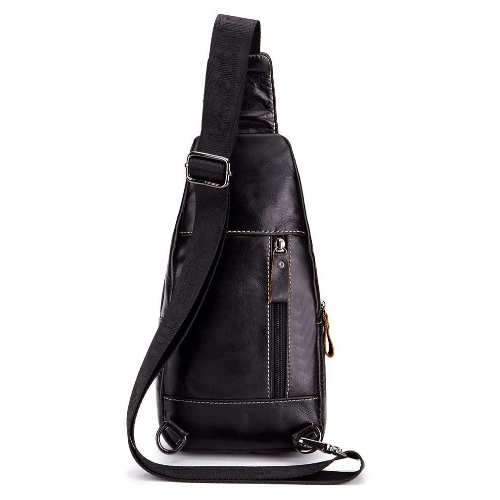 Hebetag Hebetag Leather Sling Bag Crossbody Backpack for Men Women Outdoor Travel Camping Hiking Shoulder Chest Day Pack Casual Daypack, Black