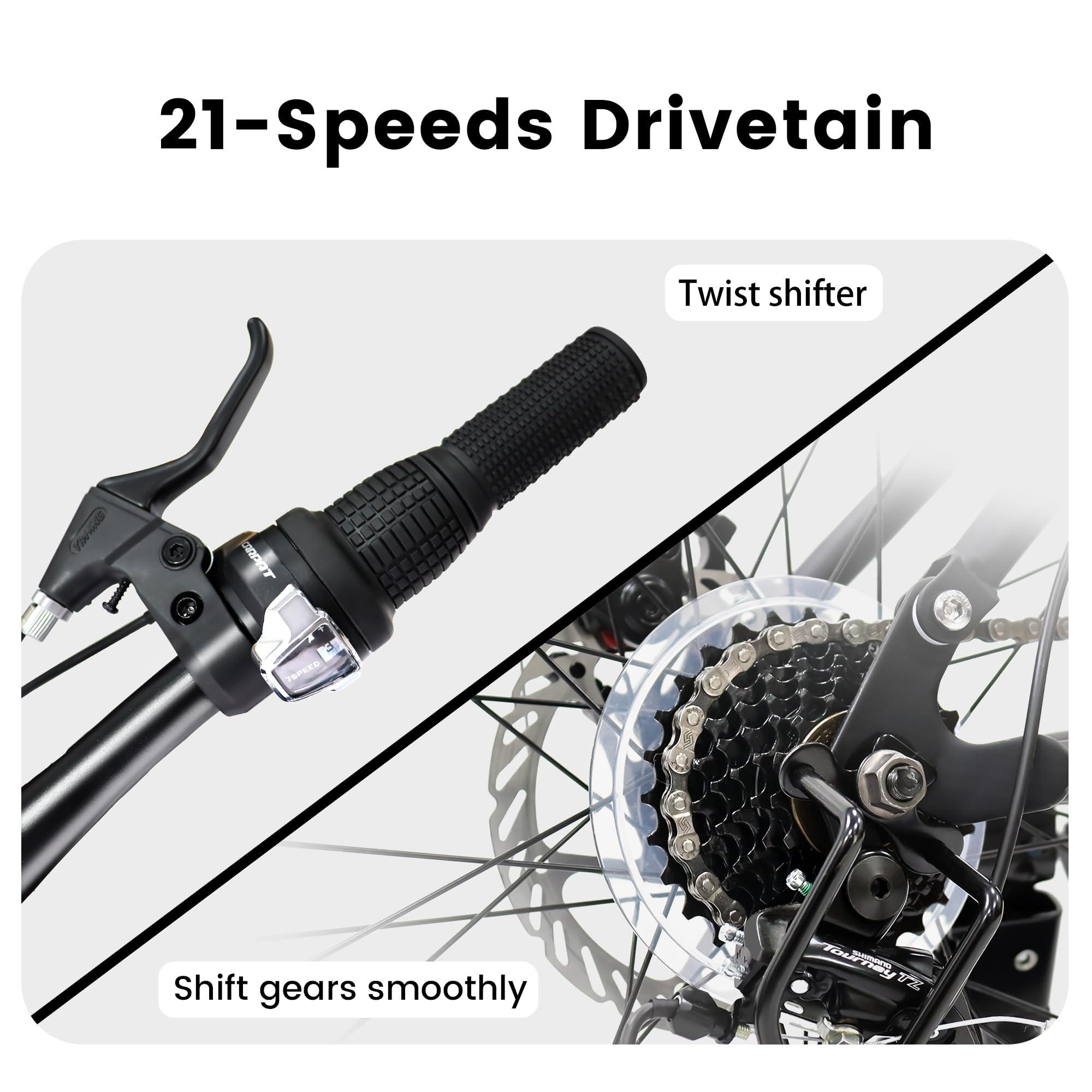 ECARPATEYE Mountain Bike 24 Inch Wheels, 21-Speed Full Suspension Trail Commuter City Mountain Bike, Carbon Steel Frame Disc Brakes Grip Shifter Front Fork Rear Shock Absorber Bicycles (Black, 24 Inch)