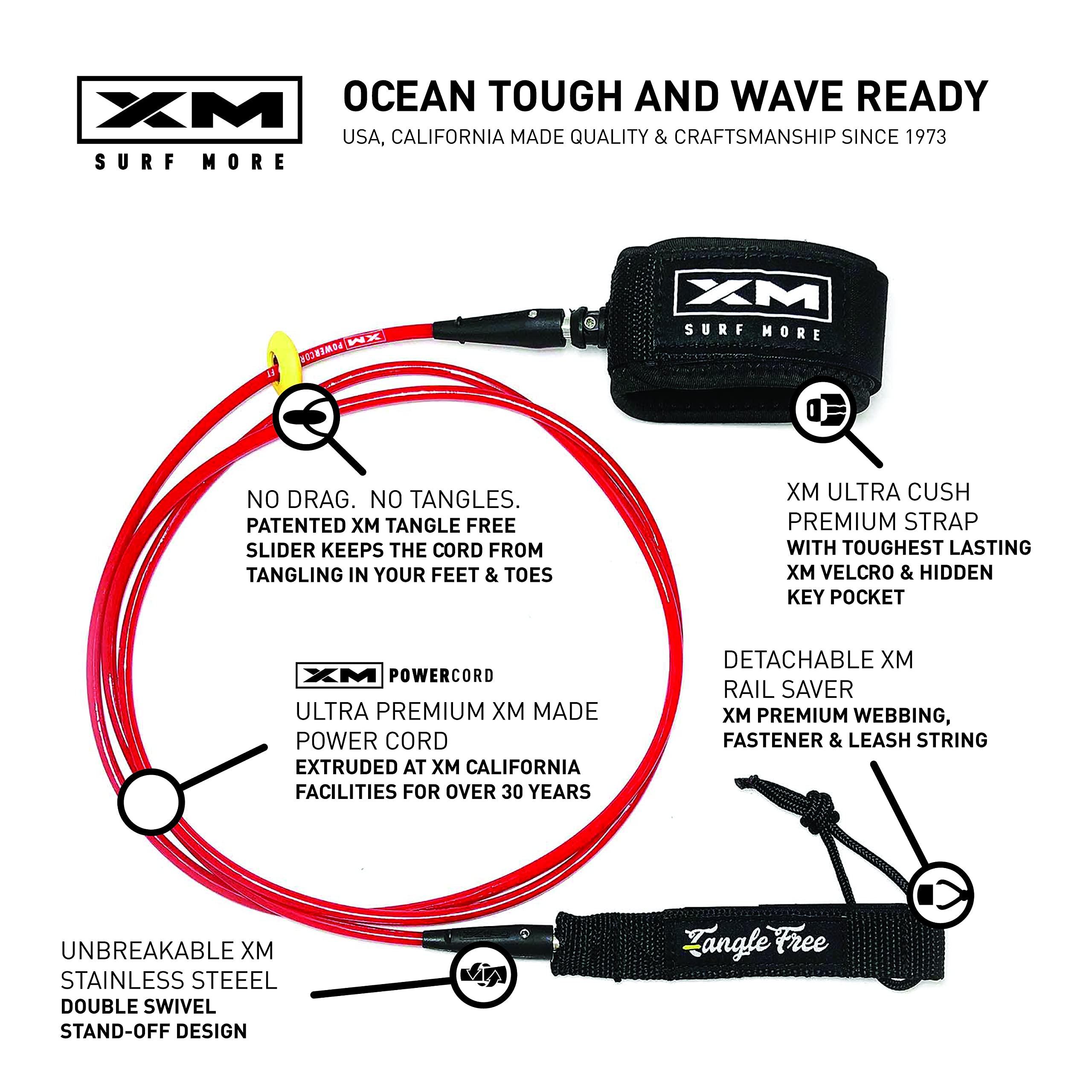 XM SURF MORE XM SURF MORE Regular 10ft Surfboard Leash with Tangle Free Upgrade, Cord Thickness (.270in), Key Pocket, Unbreakable Swivels, Detachable Railsaver, Made in USA