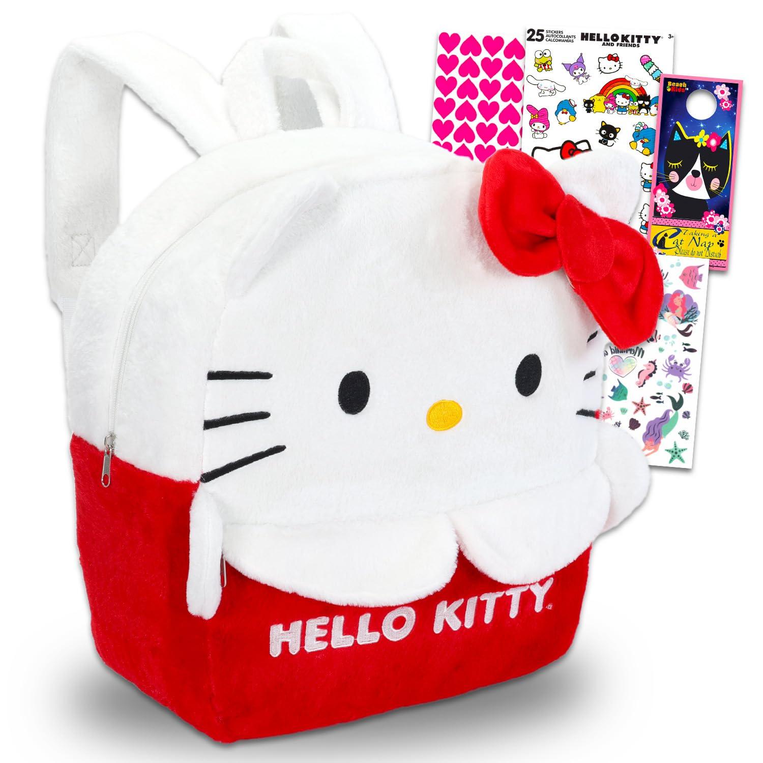 SANRIO Hello Kitty Plush Backpack Set - Bundle with 15" Sanrio Plushie Backpack Doll with Carrying Straps Plus Tattoos, Stickers, and More for Kids