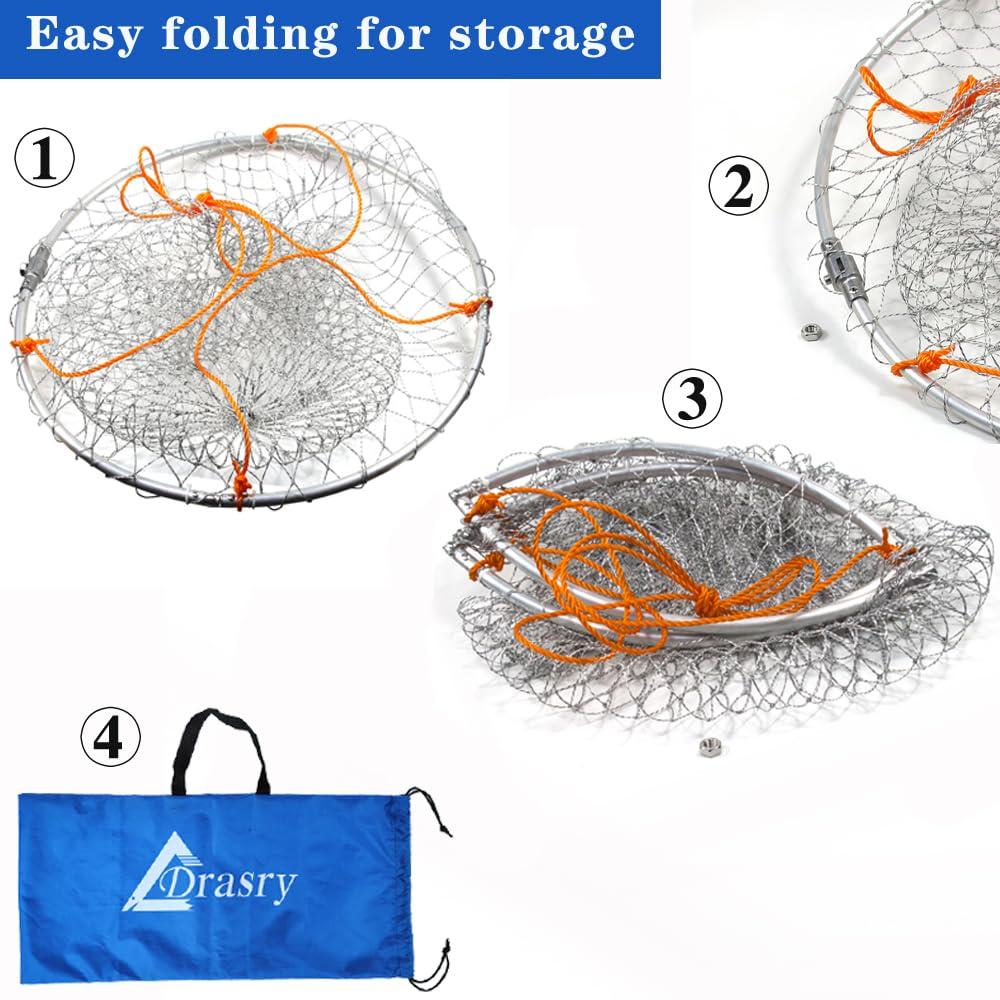 Drasry Drasry Foldable Bridge and Pier Fishing Net Landing Net High Load-Bearing Aluminum Ring Drop Net for Saltwater Freshwater Pier Fishing Baskets Collapsible with 49.2 FT Rope 31.5 * 31.5 * 41 in