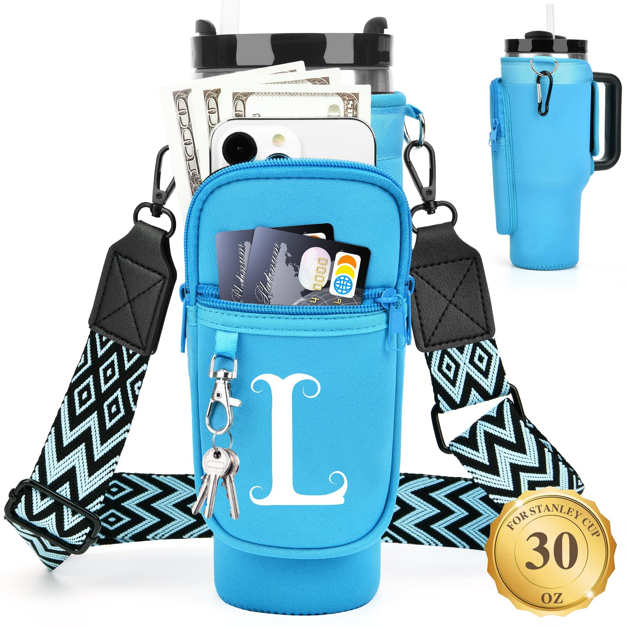 LOKASS LOKASS Water Bottle Holder with Strap for Stanley Cup 30 oz Tumbler with Handle, Personalized Initial Gift, Water Bottle Carrier Bag with Phone Pocket & Carabiner for Stanley Cup Accessories