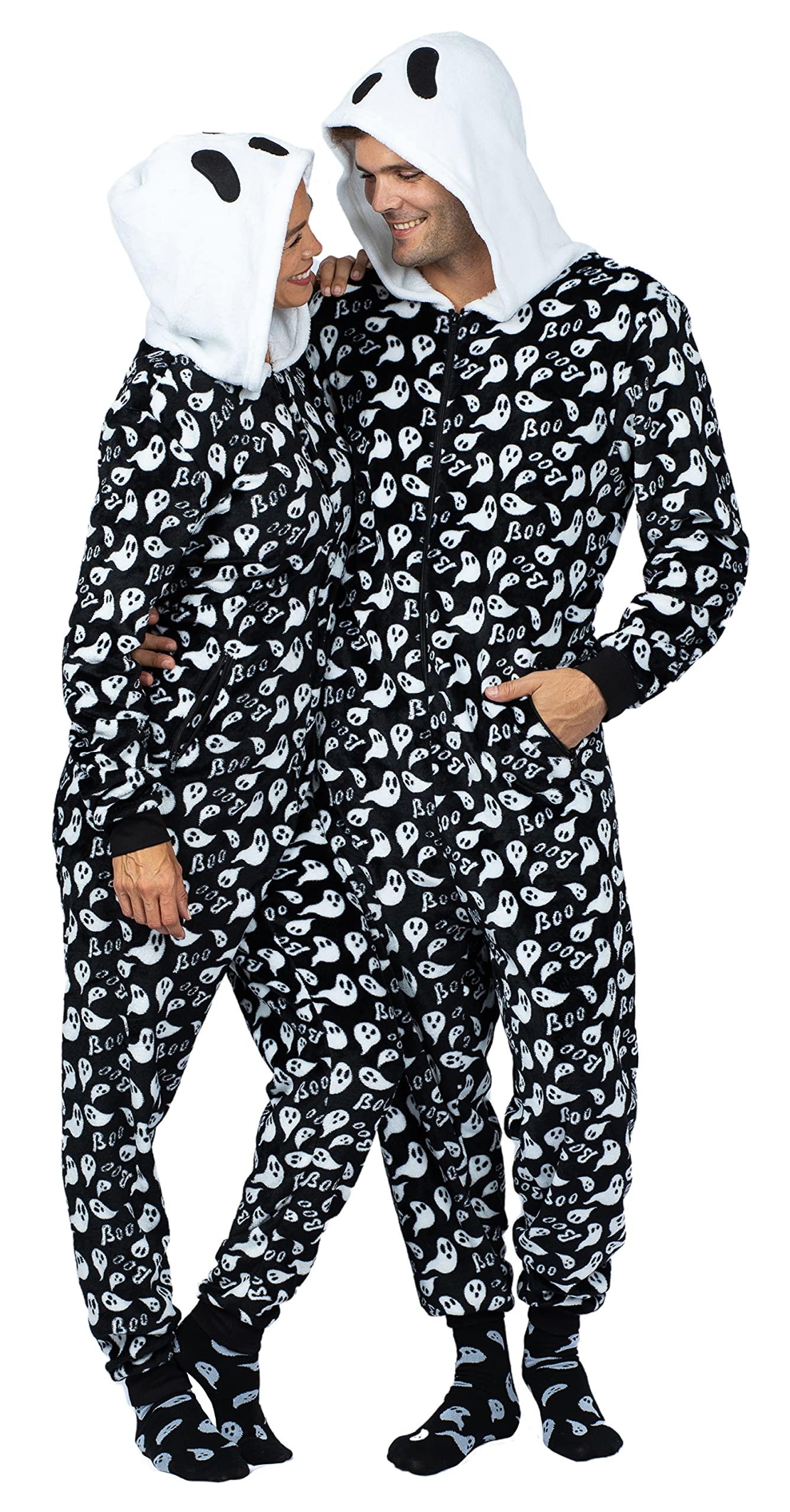 Prestigez Prestigez Holiday Matching Couples Costume Pajama Onesie With Socks and Mask, Ghost, Devil, and Skeleton, Black - Ghost, Size M