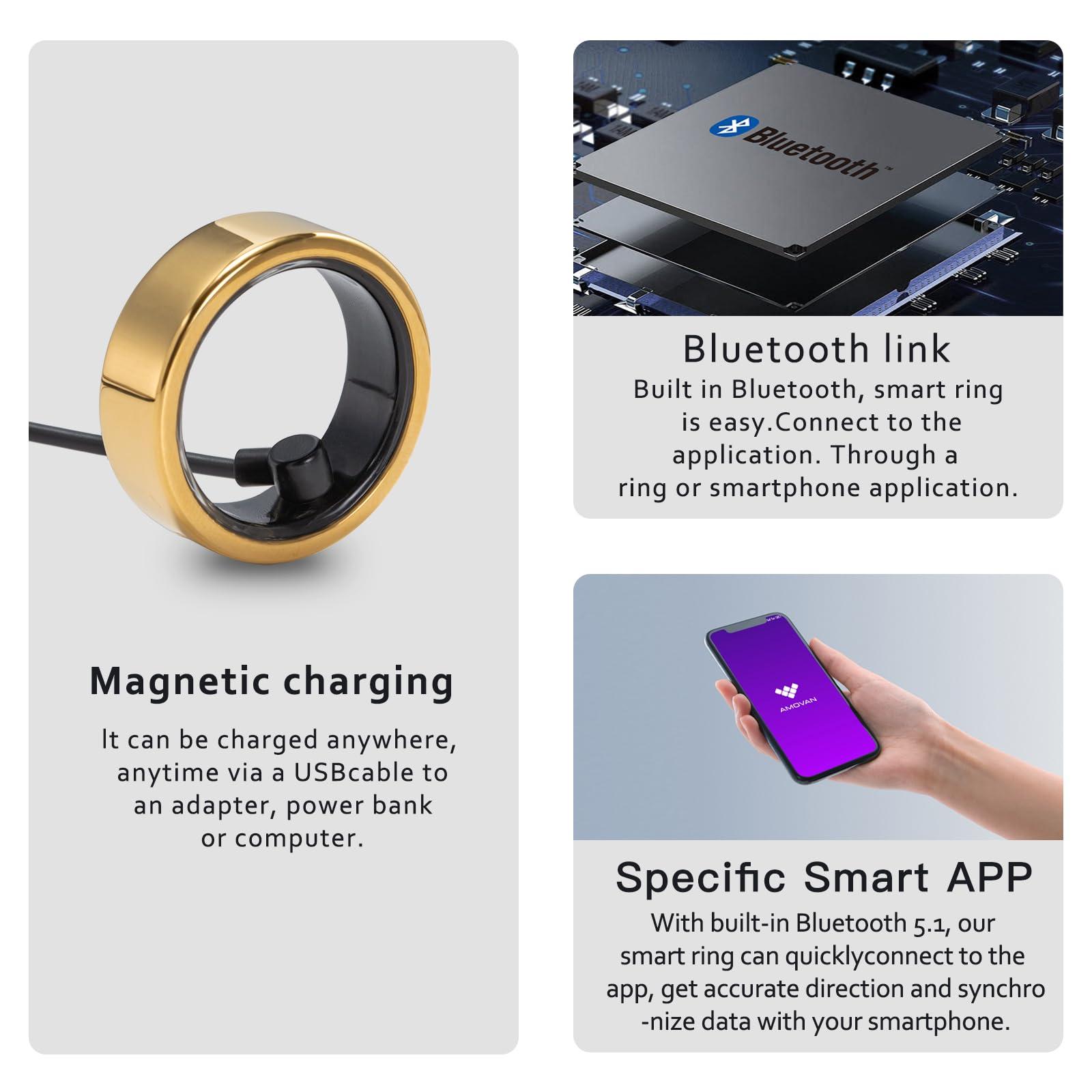 AMOVAN AMOVAN Smart Ring Health Tracker, Fitness Sleep Heart Rate Blood Oxygen Tracker Smart Ring, Water Resistant Bluetooth Fitness Tracker Rings