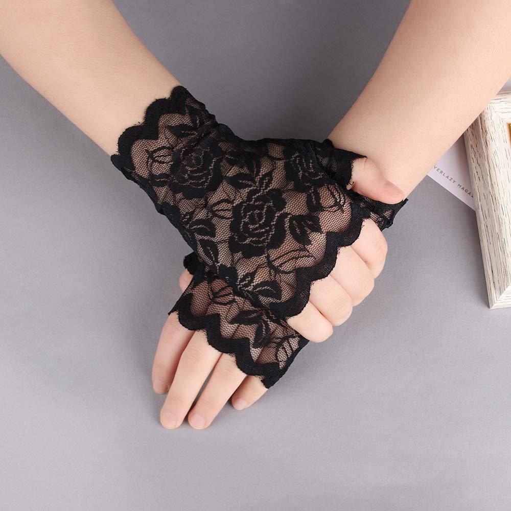 Tvoip Tvoip 1 Pair Womens Sun Protection Driving Half Finger Gloves Charming Sexy Lady Girl Lace Party Costume Fingerless Gloves (Black)