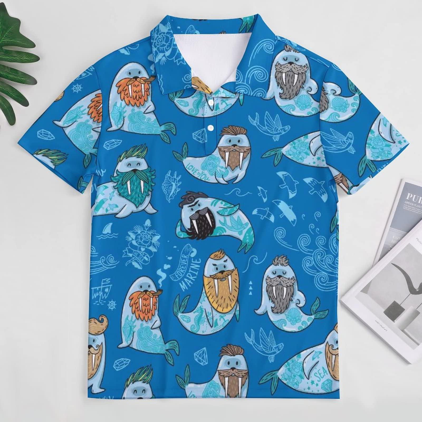 BAIKUTOUAN BAIKUTOUAN Walrus with Mustache and Tattoo Men\'s Golf Polo-Shirt Short Sleeve Jersey Tees Casual Tennis Tops 3XL