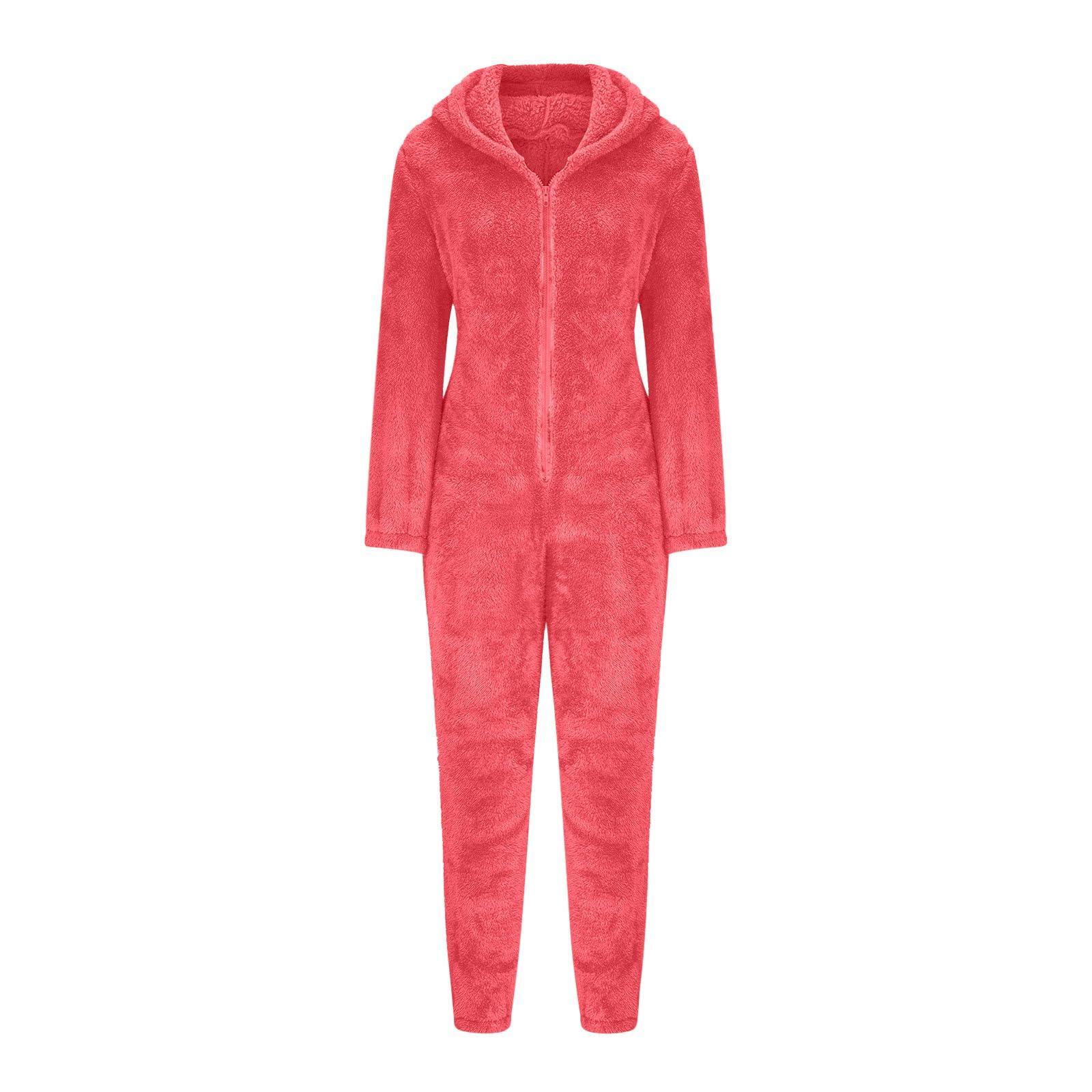 Auwer Sexy Adult Onesie Pajamas for Women Butt Flap Fleece Hooded One Piece Pajamas Womens Fluffy Sleepwear Watermelon Red