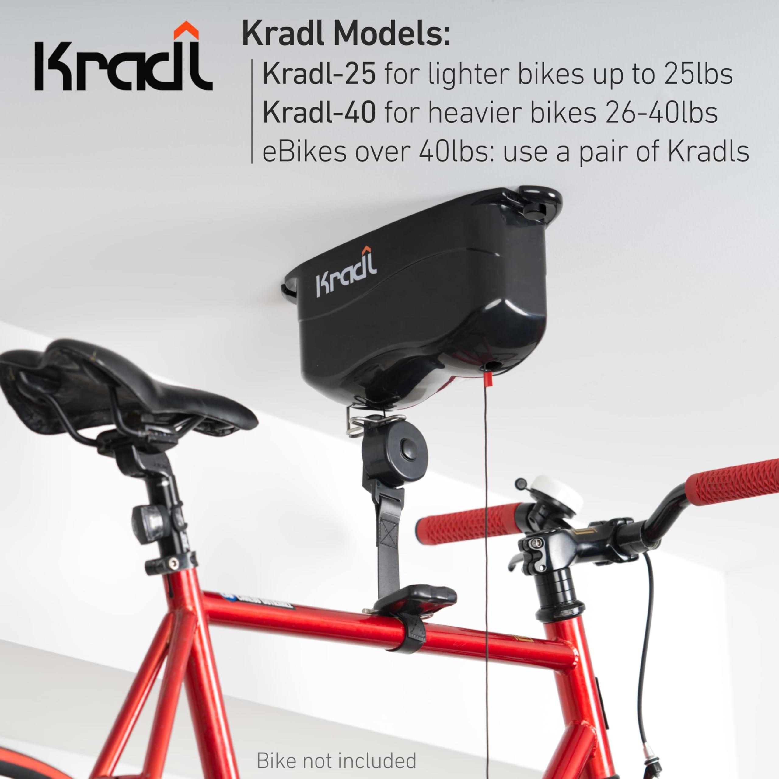Kradl Kradl - Ceiling Mount Bike Lift and Rack. Bicycle Storage Hoist Without Electricity, Clumsy Ropes or Pulleys. 25 Pound Capacity.