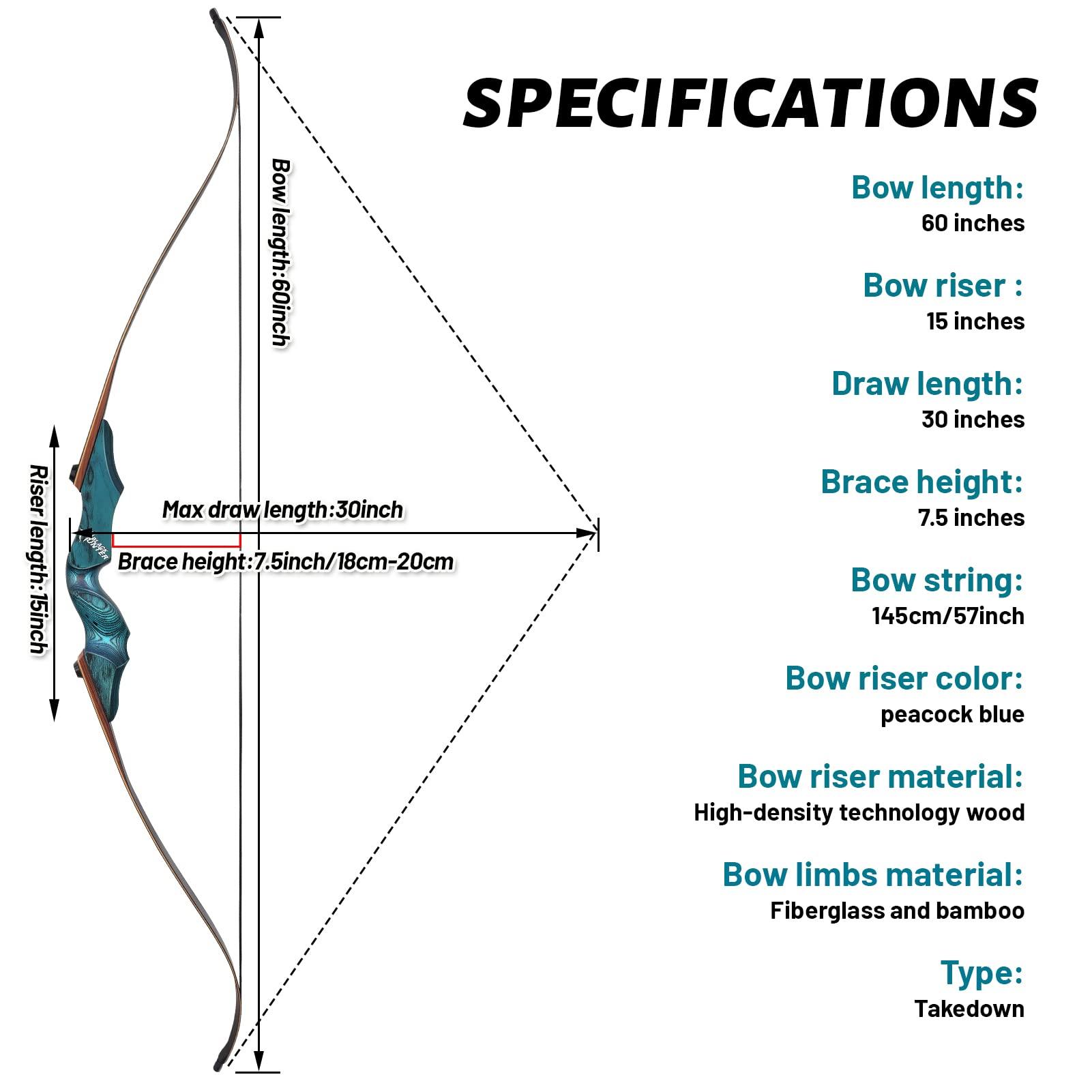 OBTOUTDOOR 60\" Black Hunter Takedown Recurve Bow Left Hand 20-60LBS Left Hand Bows Wooden Riser Hunting Bow for Adults Target Practice (60LBS)