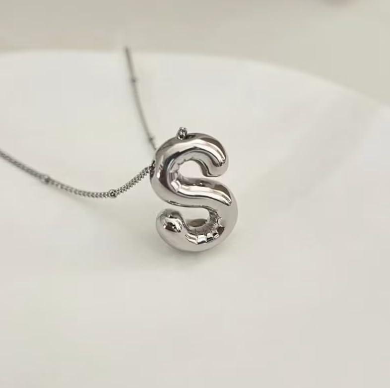 DIOWUS DIOWUS Bubble Letter Necklace For Women,Dainty Balloon Initial Necklaces 18k Gold Plated Chain Pendant Alphabet Necklaces For Girlfriend Charm Simple Gift Jewelry (silver-S)