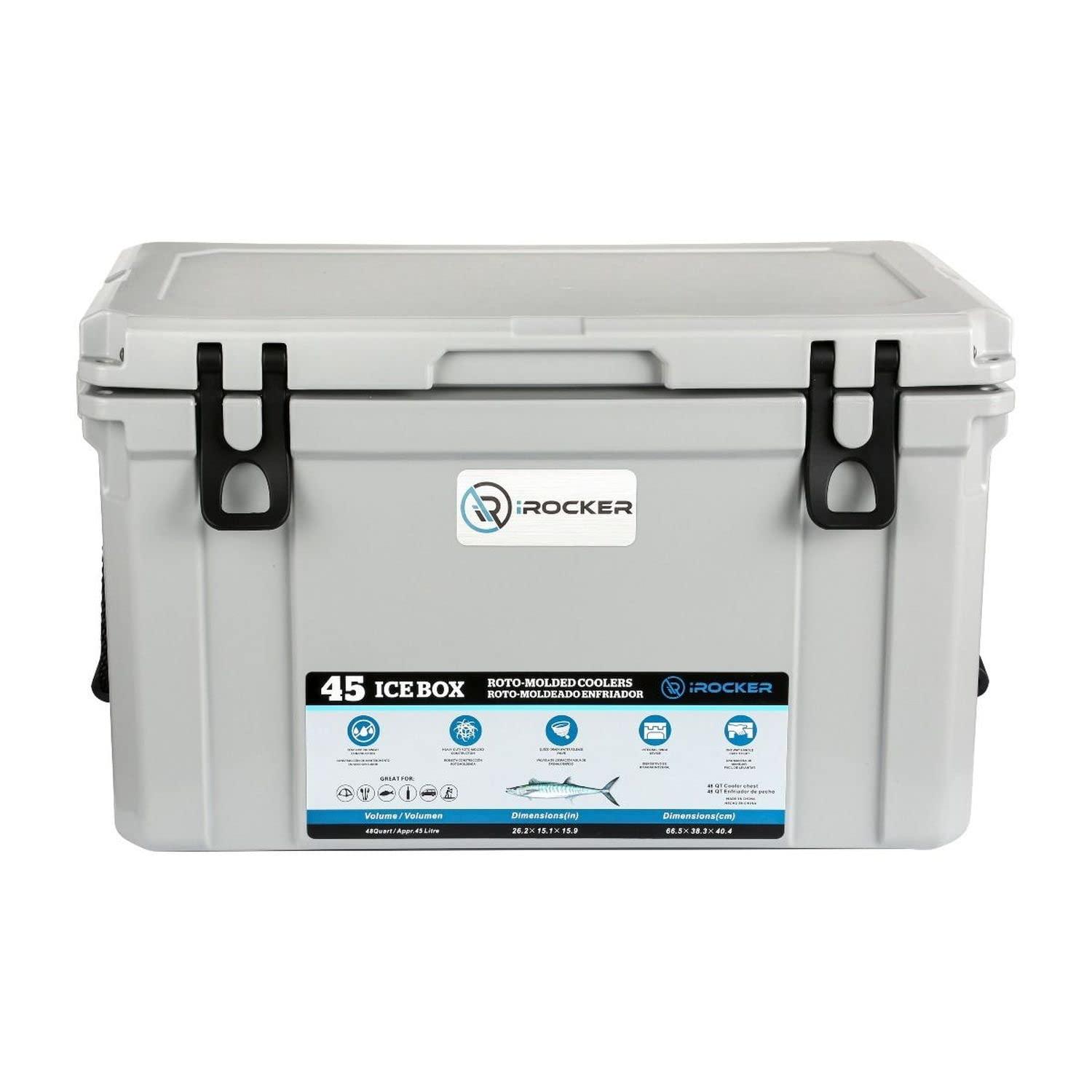 iROCKER iROCKER 45L Roto-Molded Hard Cooler, Heavy Duty Ice Box Equipped with Quick Drain Water Release Valve, 26\" x W 15\" x H 16\", Cooler Gray
