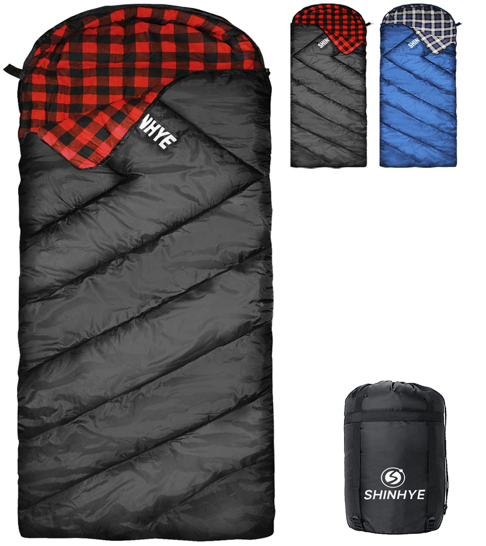 ShinHye ShinHye 0 Degree Sleeping Bag for Adults - Cotton Flannel 4 Season Cold Weather Winter, XXL Big and Tall Camping Sleeping Bag with Compression Sack (Black, 90"35" Right Zip)