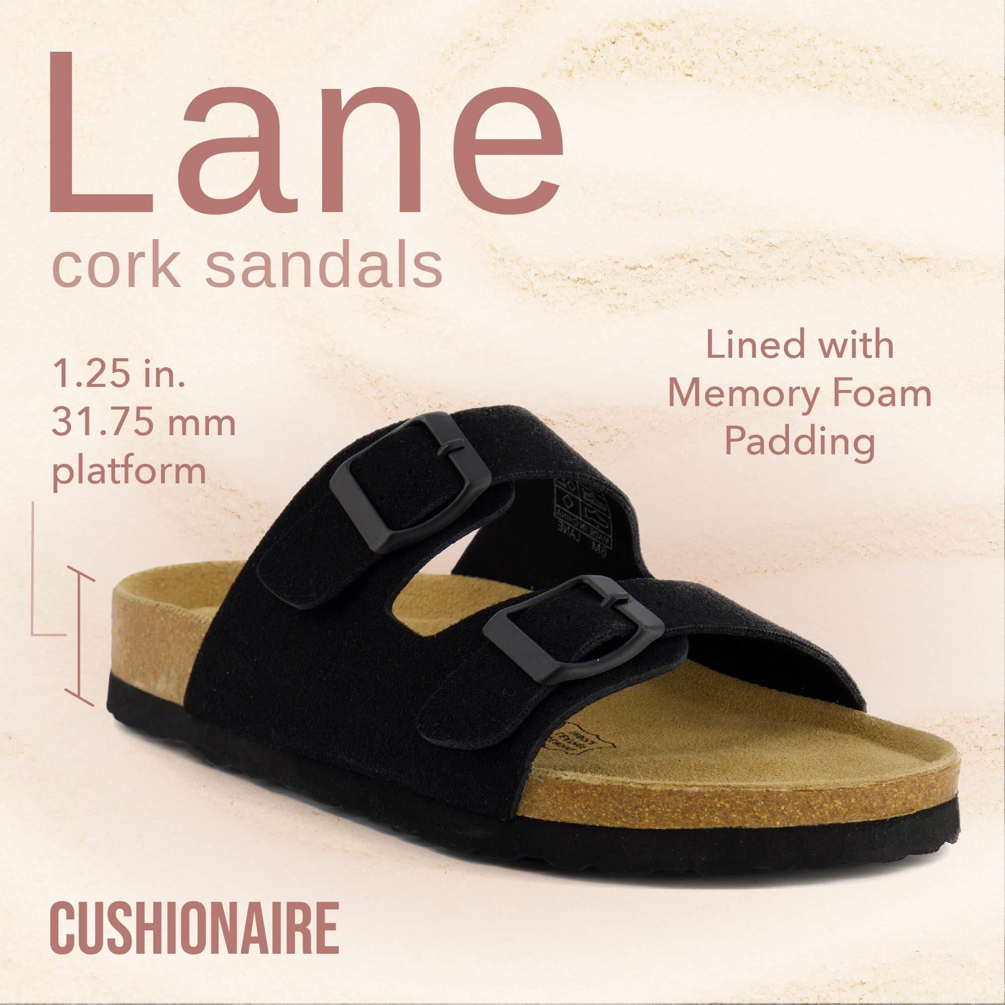 CUSHIONAIRE CUSHIONAIRE Lane Cork Footbed Sandals for Women Comfortable Double Buckle Slip-On with Genuine Suede Footbed & Arch Support Slides for Women Footwear, BLACK 7
