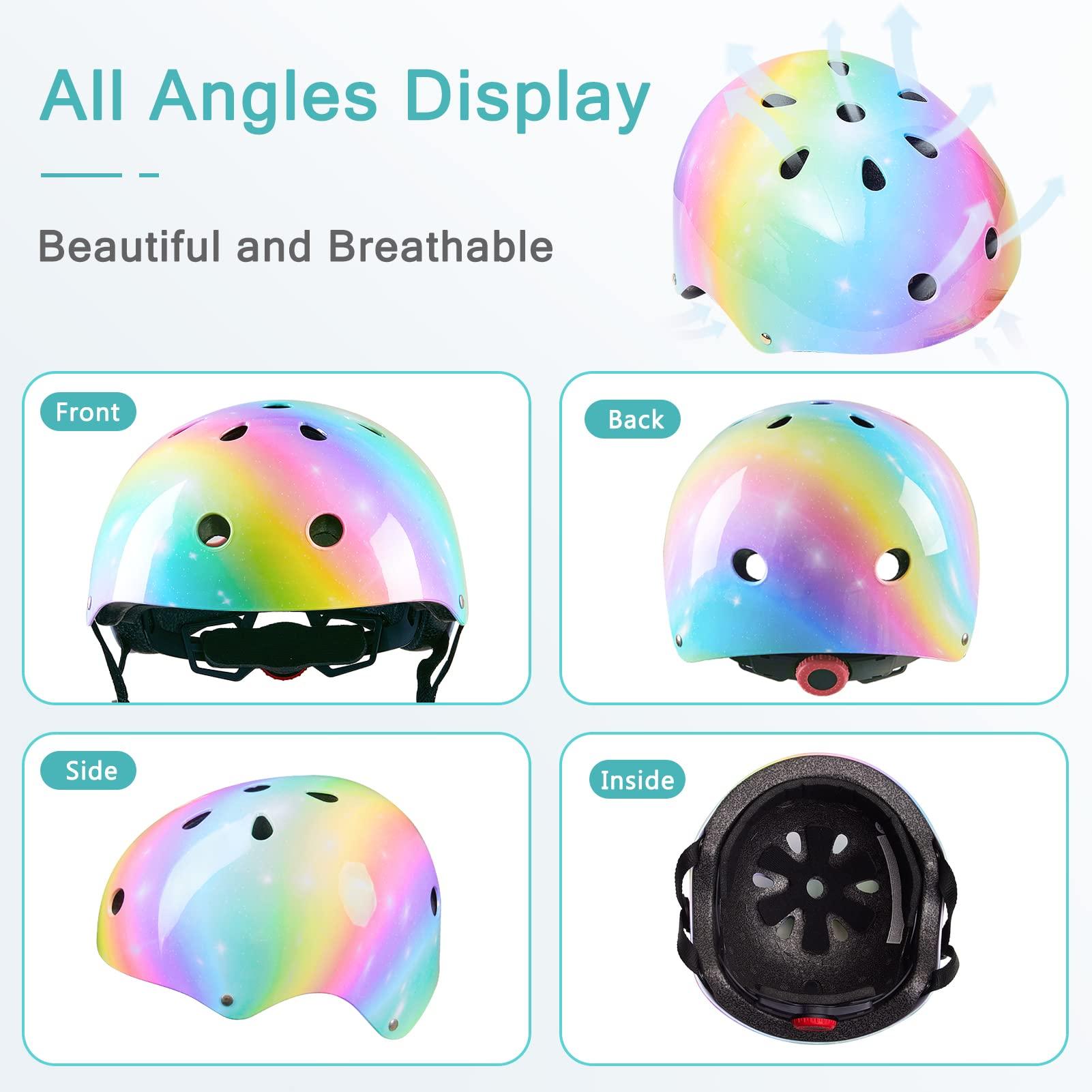 Bienbee Toddler Helmet, Bienbee Kids Bike Helmet Skateboard Helmets for Bicycle Balance Bike Scooter for Girls Kids Age 3-5-8-14 Years, Rainbow S