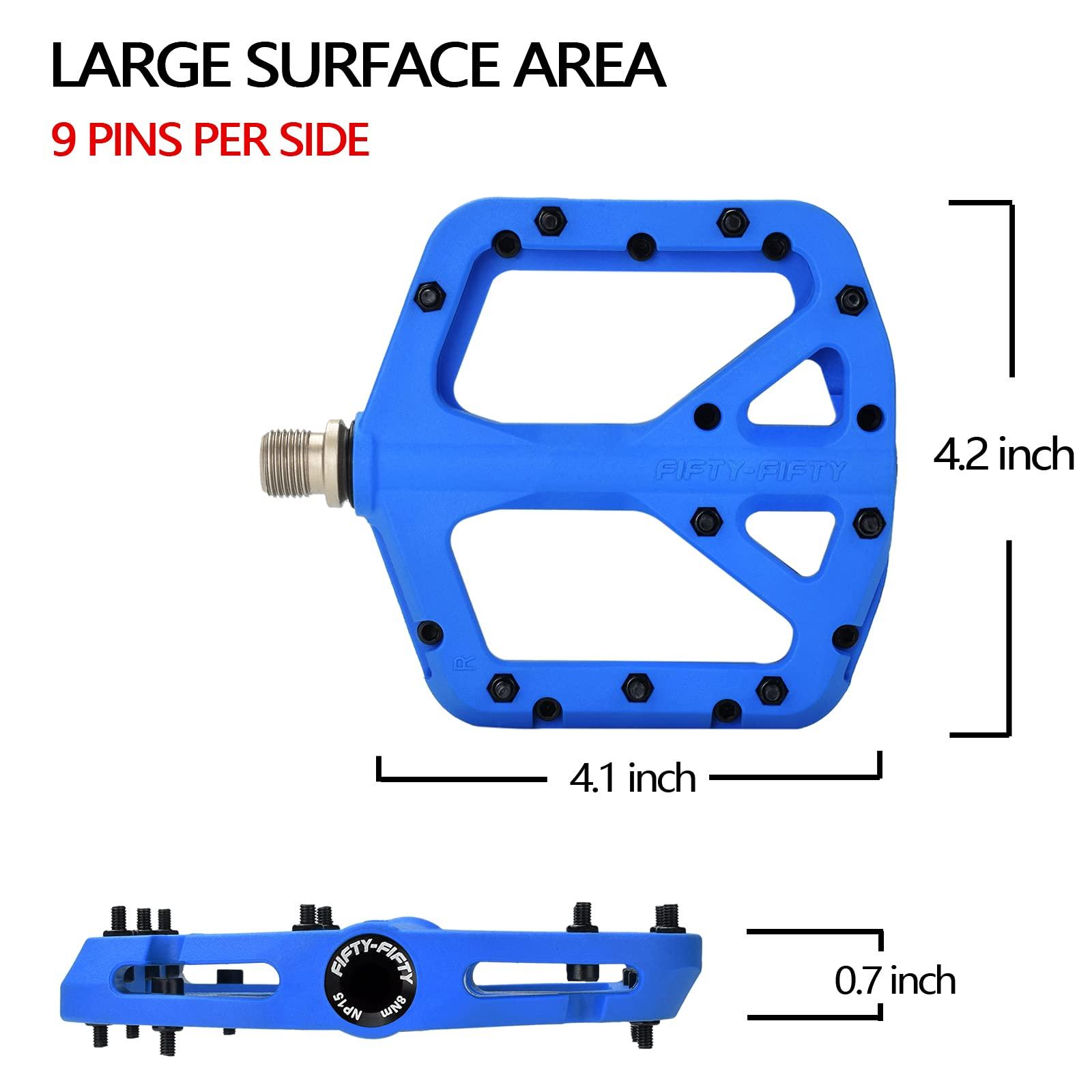 FIFTY-FIFTY FIFTY-FIFTY Mountain Bike Pedals, Non-Slip MTB Nylon Composite, 9/16" Bicycle Pedals, Lightweight and Wide Flat Platform (Blue)