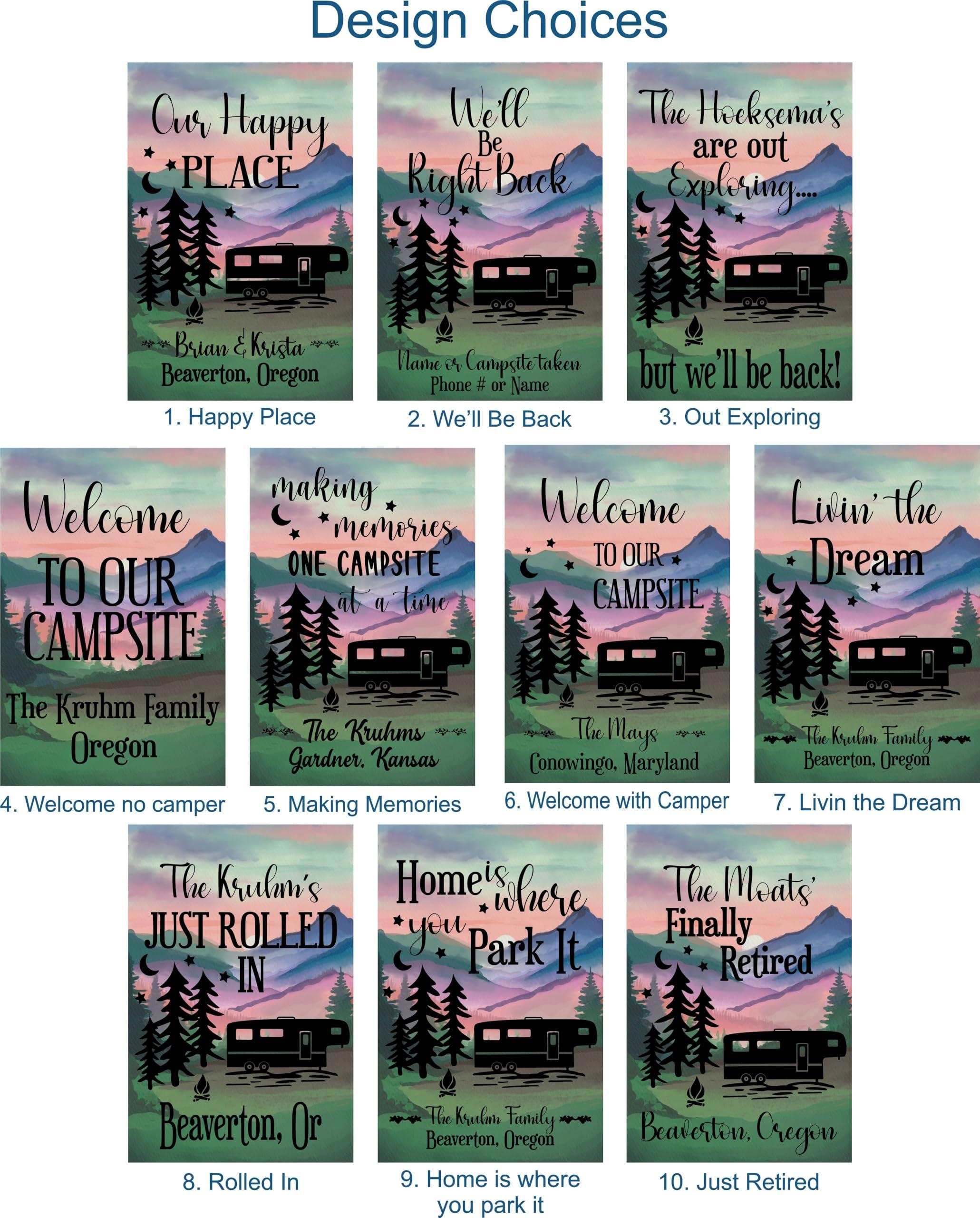 Krista Custom Creations Personalized camper Garden Flag for Campsite, Custom outdoor camping decoration sign, unique yard decor for RV travel trailer, Motorhome, tent, camping enthusiasts (Solid fifth wheel camper)