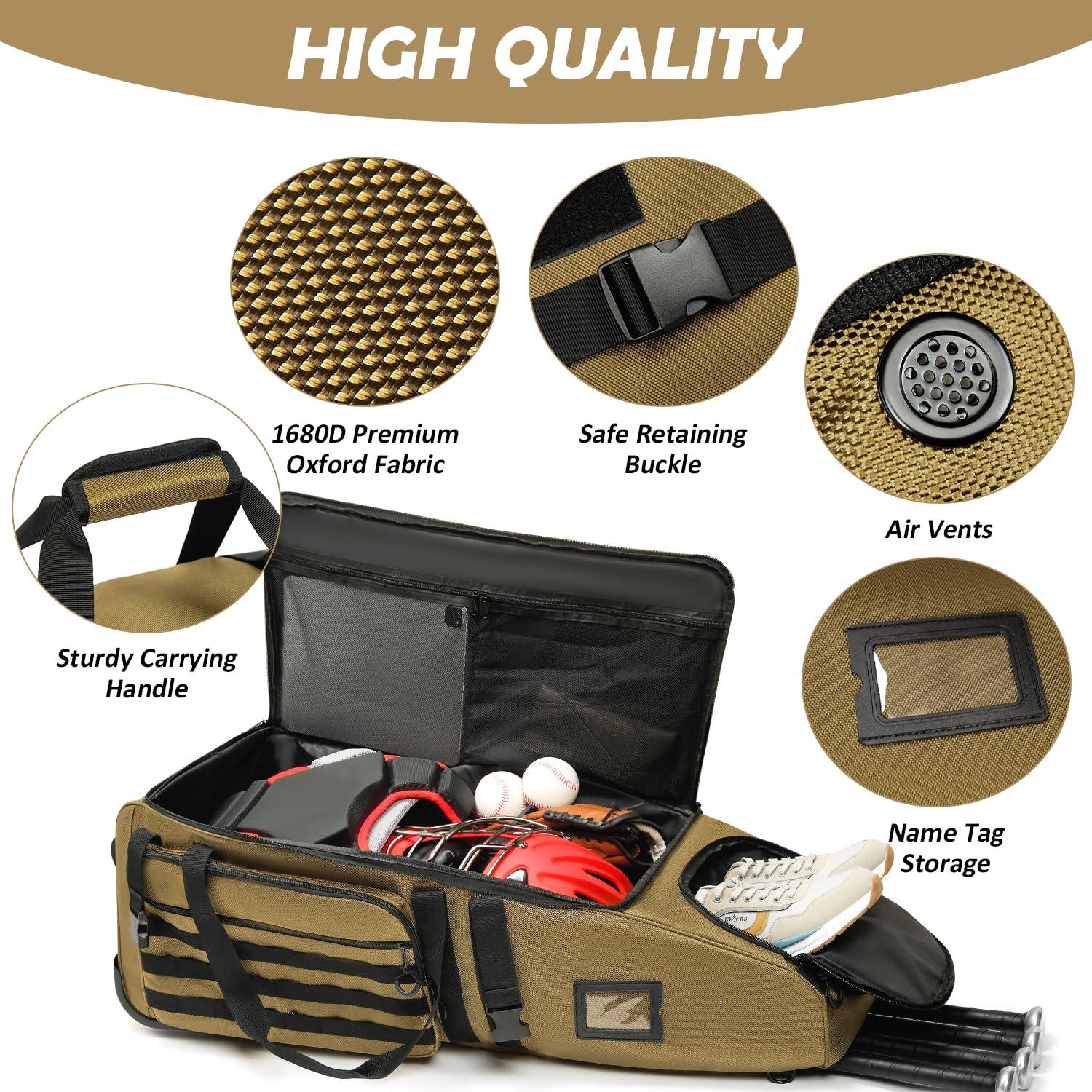 SunForMorning SunForMorning Large Catcher Gear Bag with Wheels Rolling Baseball Catcher Bag Tactical Style for 4 Bats with Multiple Pockets & Fence Hook, Brown