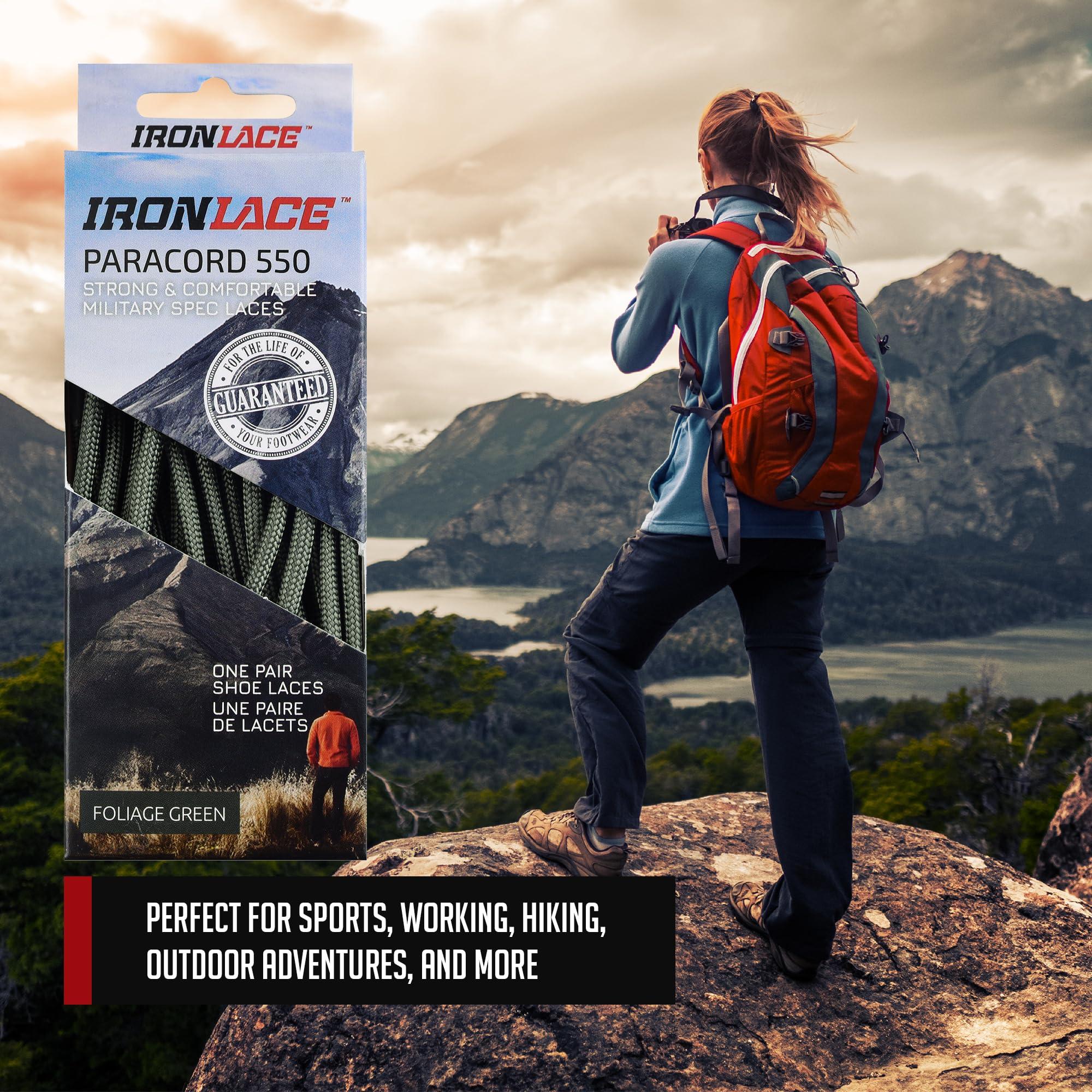 IRONLACE IRONLACE - Paracord 550 Laces Type III, Heavy-Duty, Universal Boot & Shoe Laces, Stretchable Nylon, 550-Pound Breaking Strength, Foliage Green, 9/64 Inch (3.5mm) Tip Diameter, 63-Inch, 1-Pair