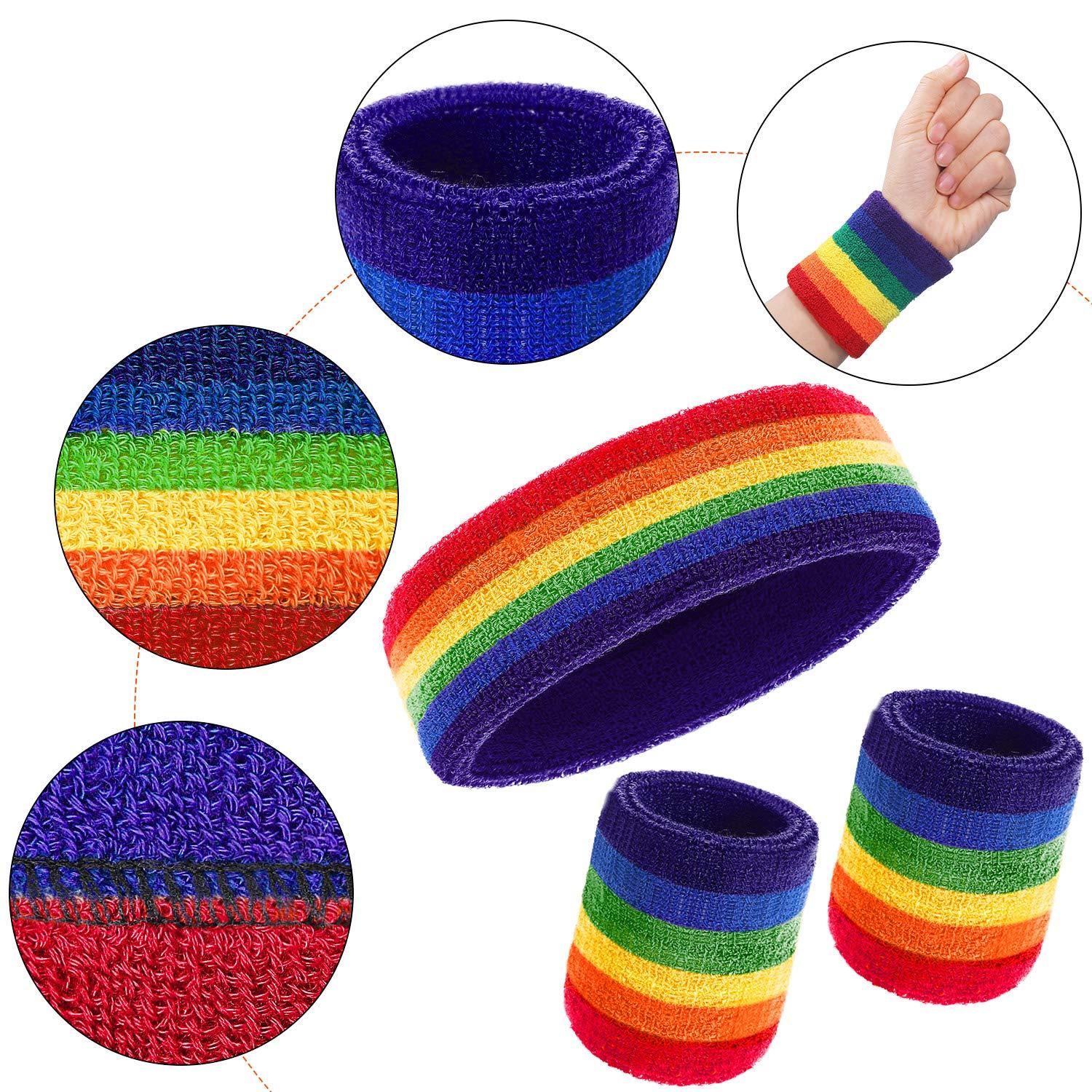 Bememo Bememo Striped Sweatbands Set - 2 Sports Headbands and 4 Wristbands, Colorful Cotton for Men and Women (Rainbow Color)