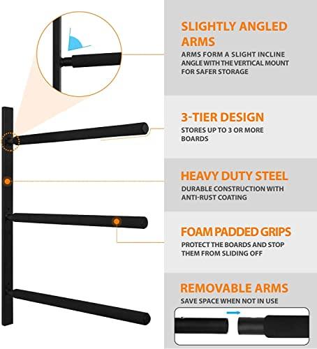 Yes4All Yes4All Heavy Duty Steel Wall Mount Paddle Board Racks, Surfboard Hanger with Padded Foam, Store & Display Up to 3 Surfboards, Snowboards, Longboards, Black, 34.25\" x 5.51\" x 3.54\"
