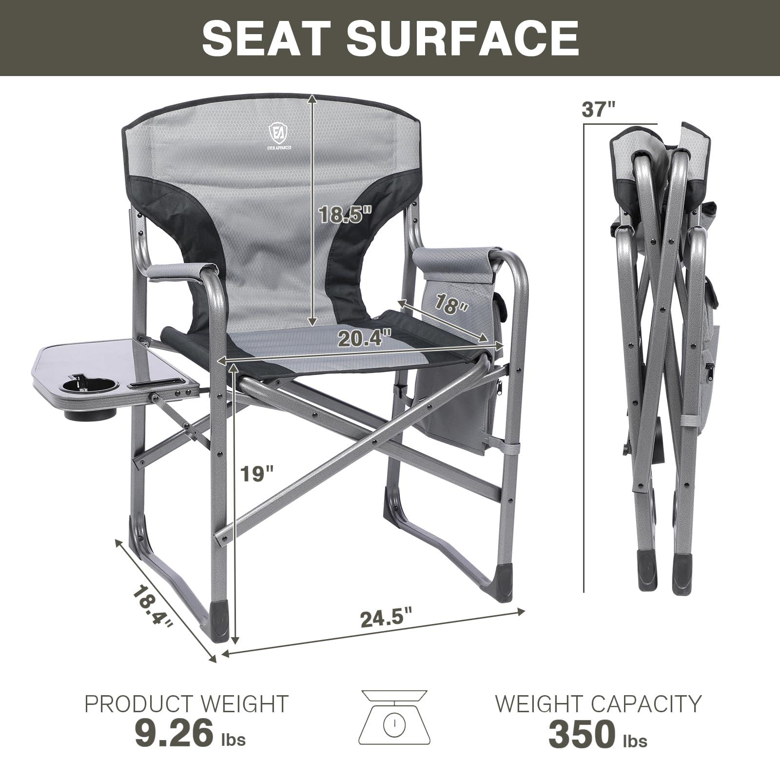 EVER ADVANCED EVER ADVANCED Lightweight Oversized Folding Camping Chairs Outdoor, Aluminum Directors Chair with Side Table and Storage Pouch, Heavy Duty Supports 350LBS (Grey/Black)