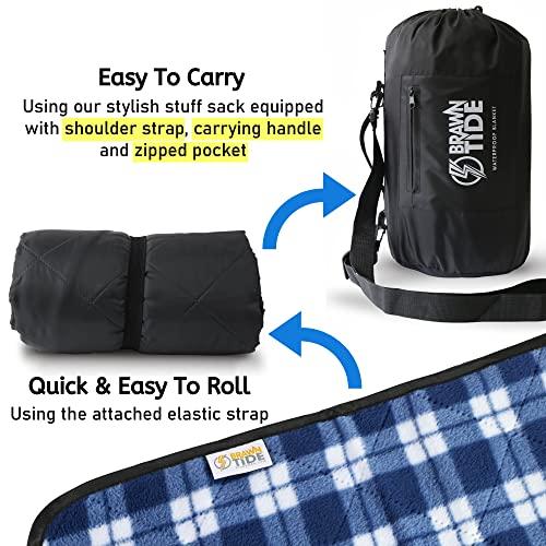 BRAWNTIDE BRAWNTIDE Large Outdoor Waterproof Blanket - Thick Tartan Plaid Fleece, Warm, Windproof, Sandproof, Ideal for Camping, Parks, Grass, Hiking, Travel, Includes Stuff Sack, Shoulder Strap (Plaid Blue)