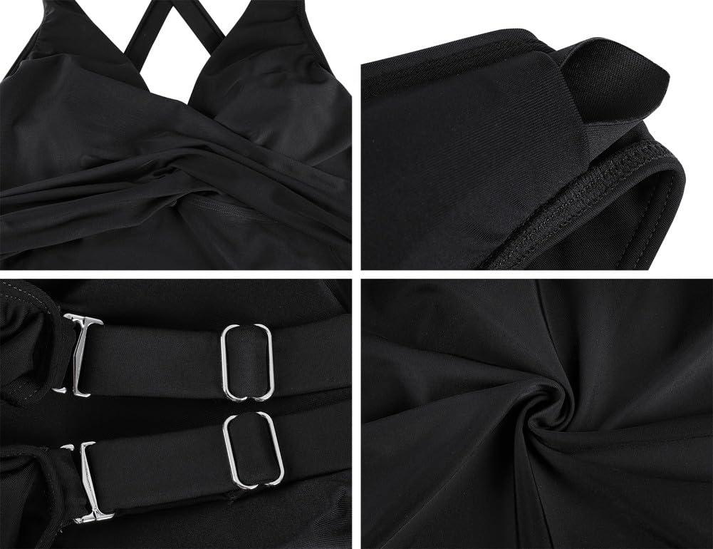 Hilor Hilor Underwire Tankini Bathing Suits for Women Top Only Sexy Black V Neck Swim Top Ruched Tummy Control Swimsuits 16